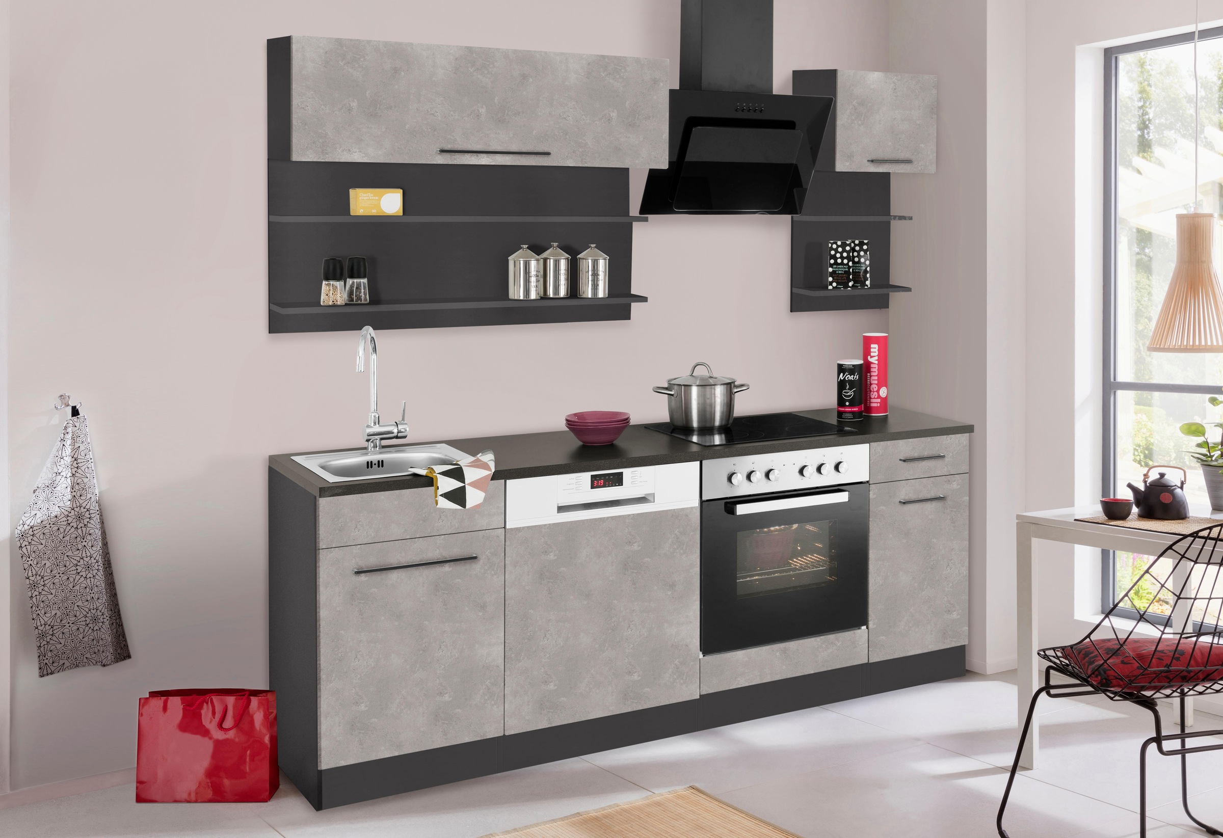 KOCHSTATION Küchenzeile »KS-Tulsa«, mit E-Geräten, Breite 210 cm, schwarze Metallgriffe, MDF Fronten
