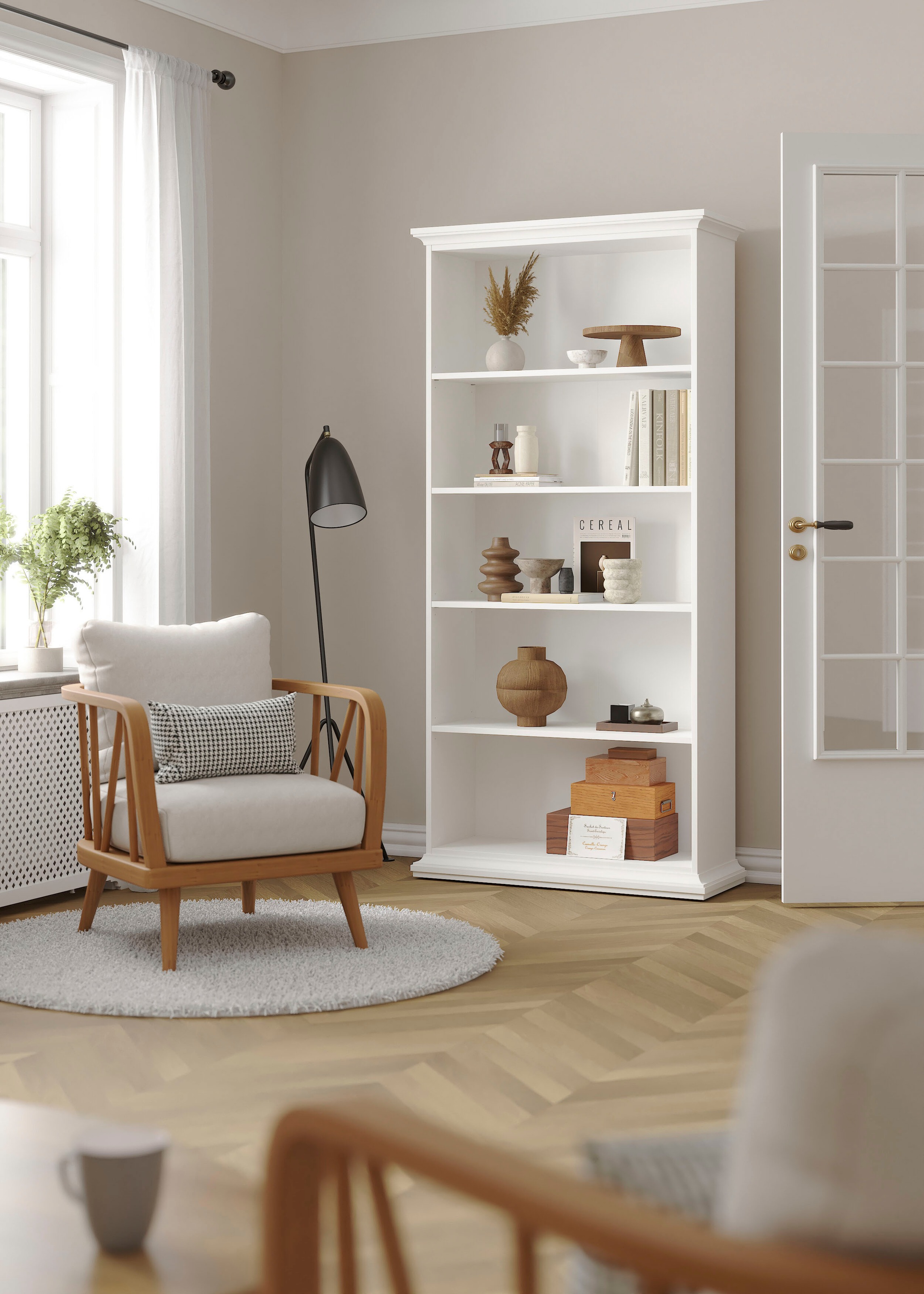 Home affaire Bücherregal »Paris Regal, Standregal, Stauraumregal, Ablageregal, Multifunktional,«, mit 4 Einlegböden, viel Stauraum, Kranzleiste, Höhe 200 cm
