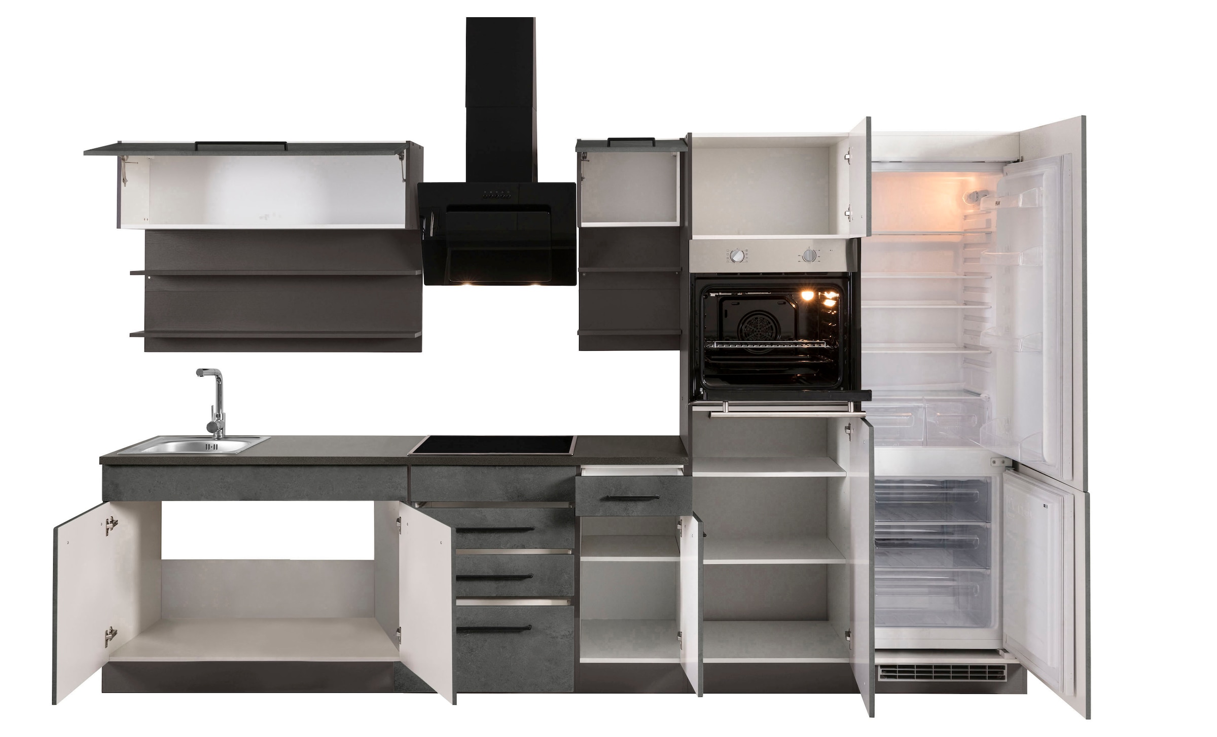 KOCHSTATION Küchenzeile »KS-Tulsa«, ohne E-Geräte, Breite 330 cm, schwarze Metallgriffe, MDF Fronten