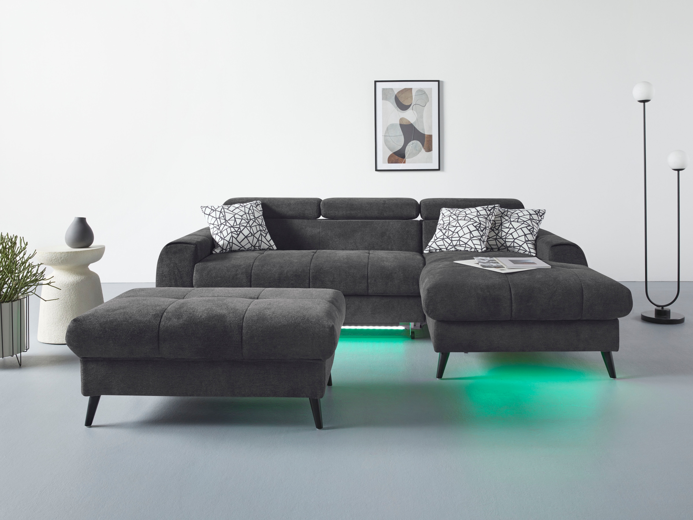 COTTA Ecksofa »Mia L-Form mit 3 Zierkissen«, wahlweise mit Bettfunktion, Bettkasten, Beleuchtung & Wireless-Charger