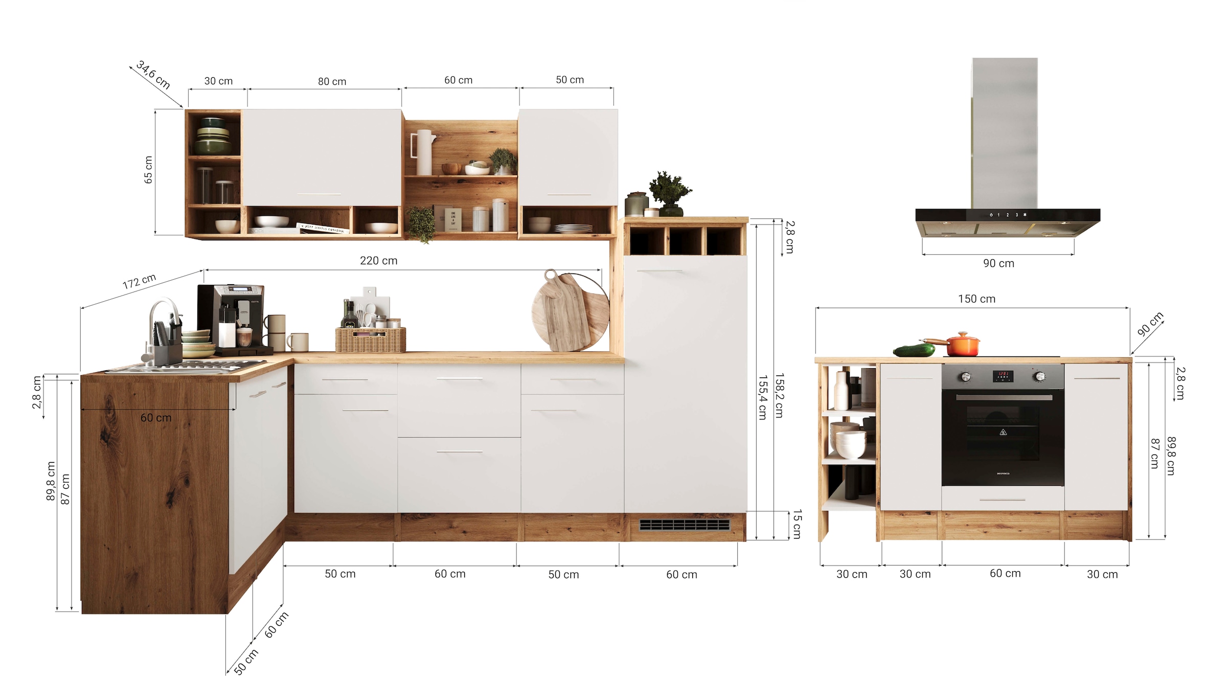 RESPEKTA Winkelküche und Kücheninsel »Hilde«, Breite 280 cm, 90 cm Arbeitshöhe, inkl. Elektrogeräte