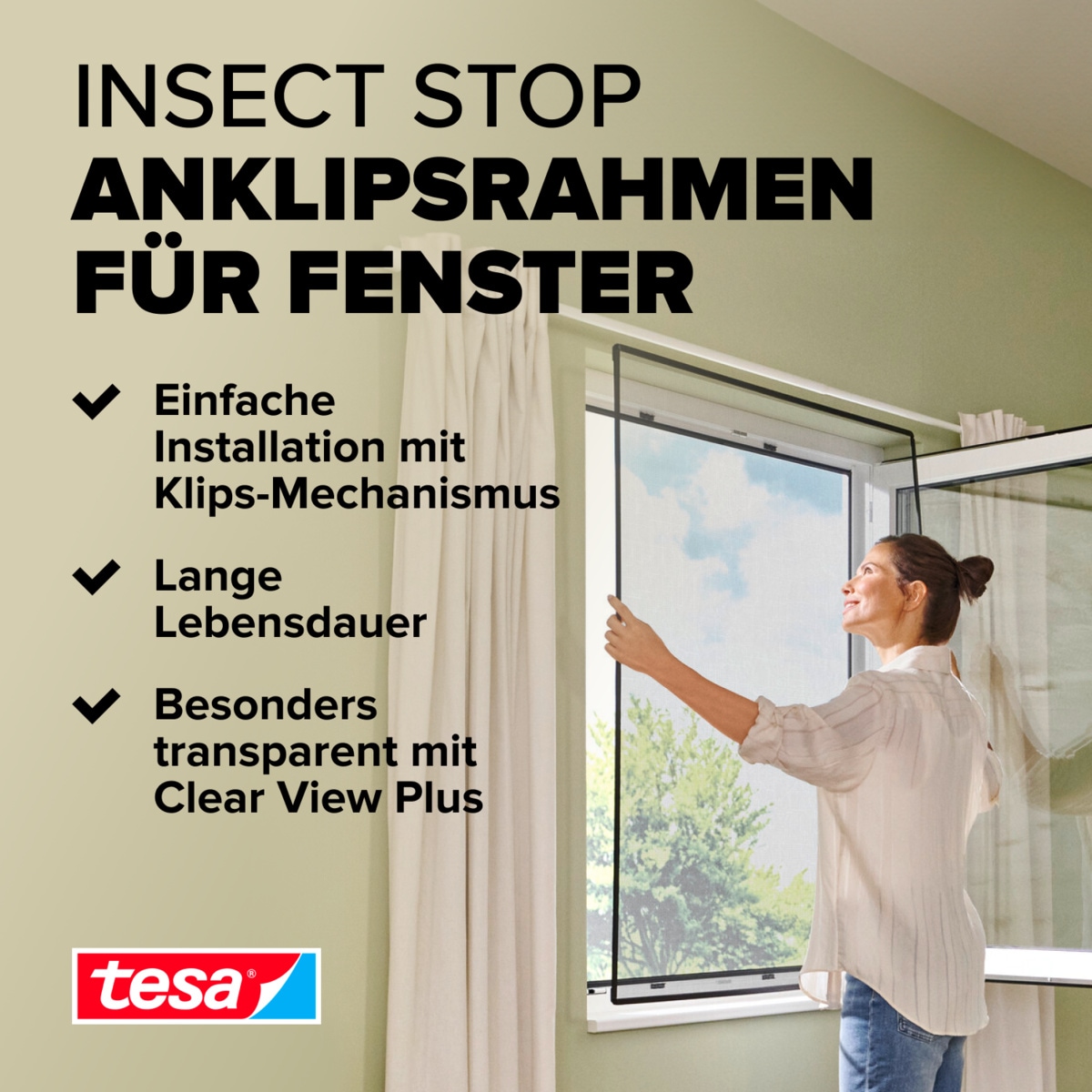 tesa Insektenschutz-Fensterrahmen »Insect Stop Anklipsrahmen - Fliegengitter für Fenster«, Selbstklebende Halteklips, zuschneidbarer Rahmen, ohne Bohren