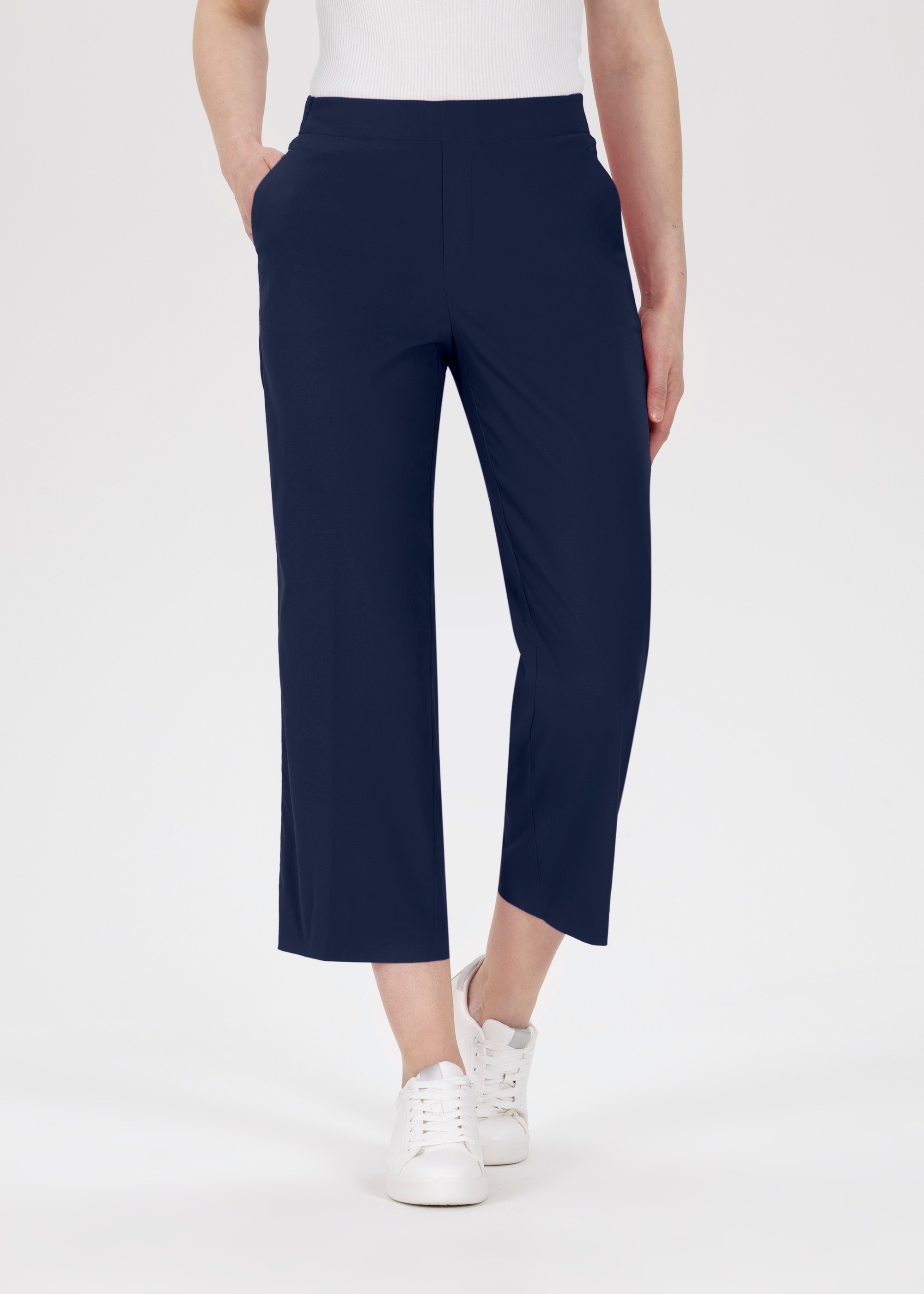 Culotte STEHMANN "FENJA", Damen, Gr. 34, N-Gr, blau (marine,300), Stoff, Obermaterial: 65% Viskose, 30% Polyamid, 5% Elasthan, straight fit 7/8-Länge, Hosen Culotte, Sommerhose mit elastischem Bund und geradem Bein