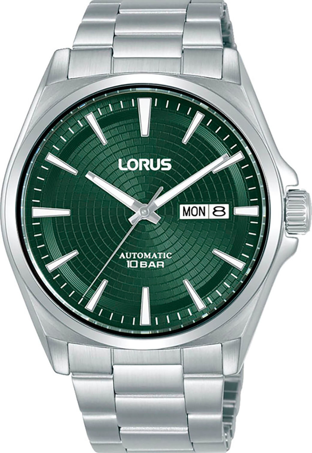 LORUS Herren Automatikuhrsilberfarben, grün, Armbanduhren, Armbanduhr, Herrenuhr, Mechanische Uhr, Edelstahlarmband, analog, Tag