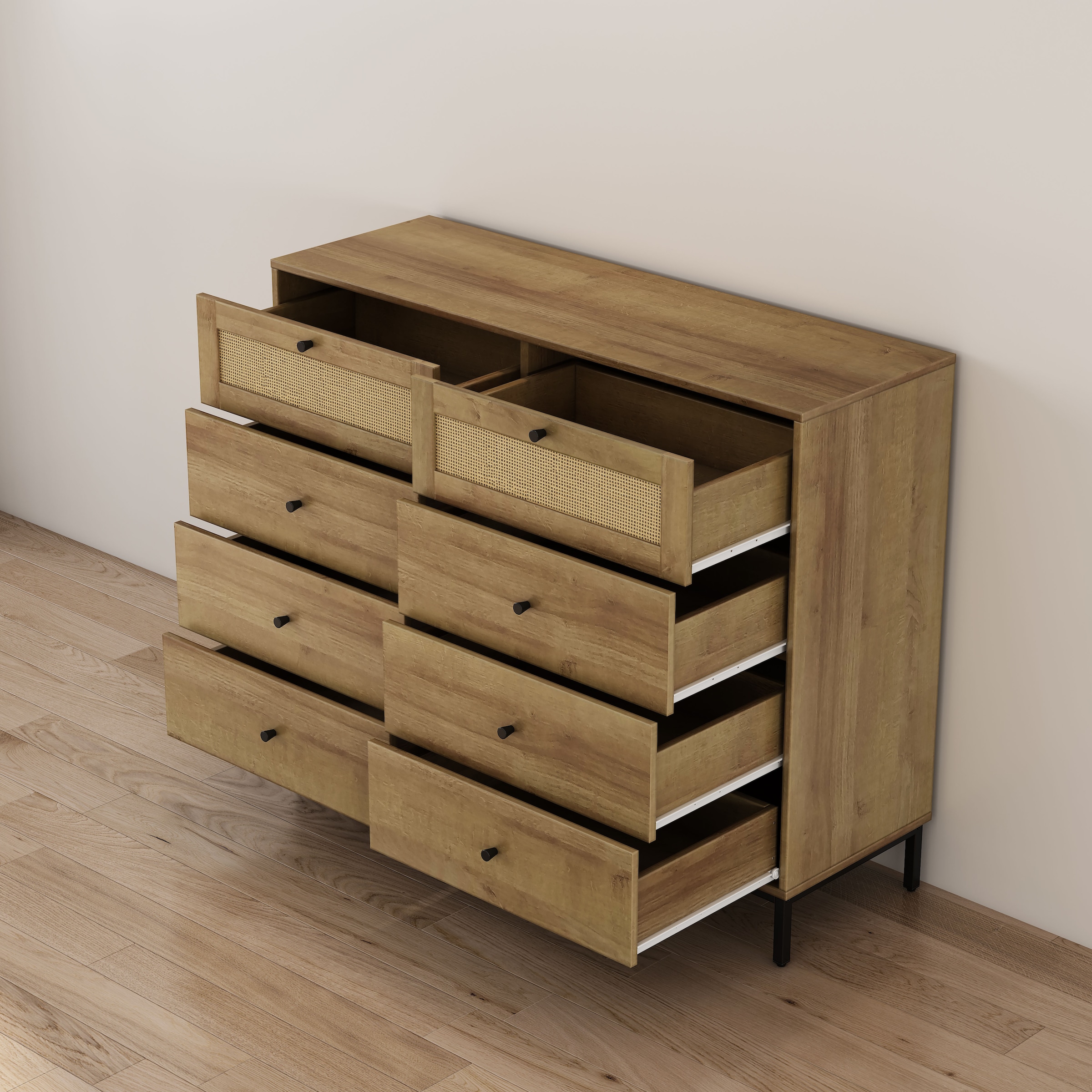 OTTO home Kombikommode »Motala Wäsche Schrank mit 8 Schubladen Sideboard BOHO Design« Eichen-Design mit schwarzen Griffen und Geflecht Schubladen, 