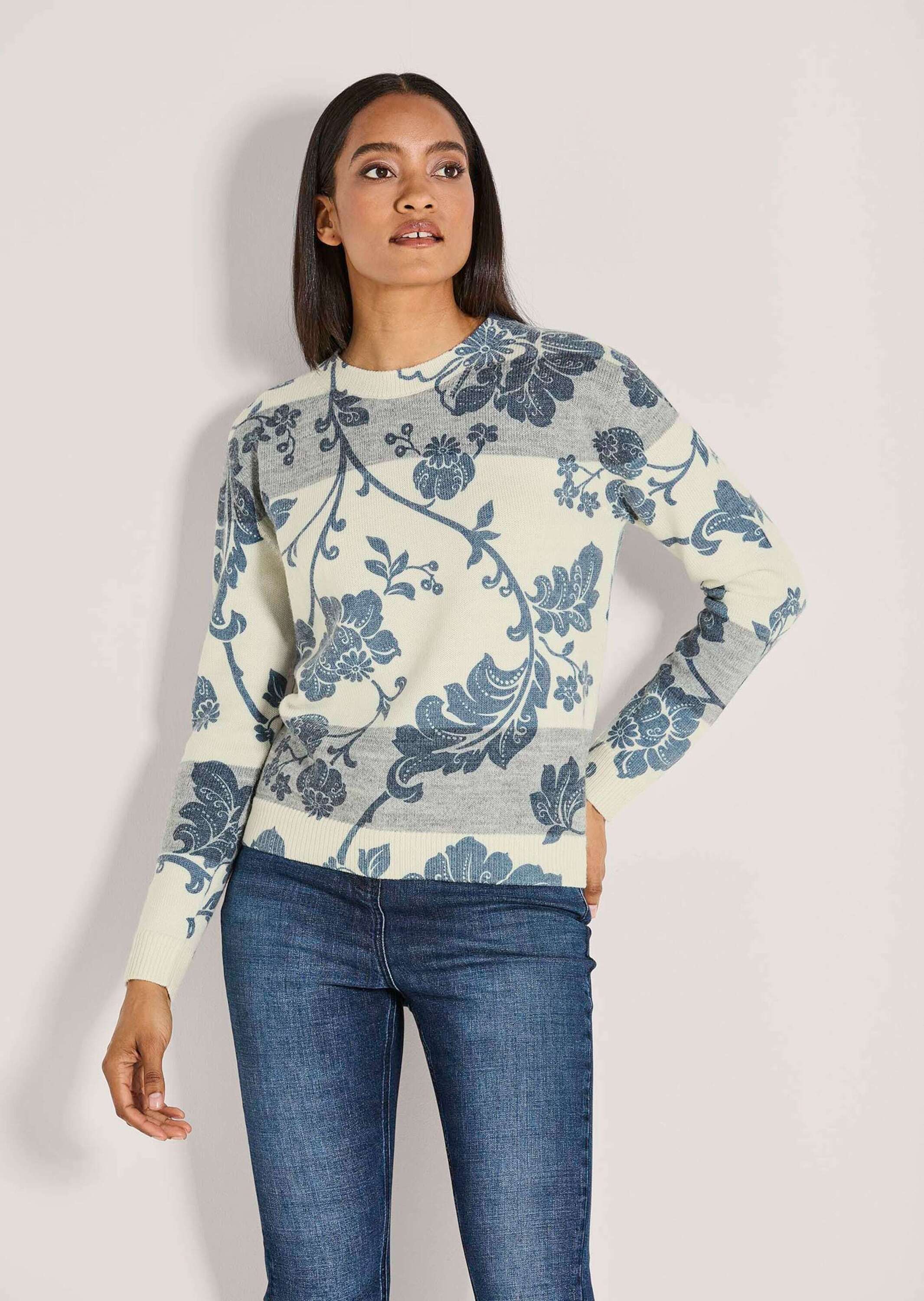 Thumbnail - MADELEINE Longpullover "Strickpullover Rundhals-Pullover im Muster-Mix" Muster-Mix, gestreift und floral bedruckt