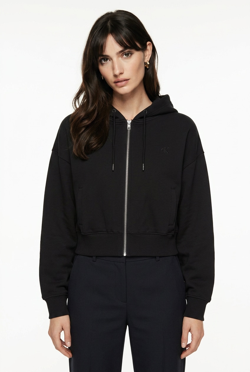 Calvin Klein Jeans Sweatjacke "LS MONOGRAM TERRY CROP RELAXED F" Regular fit mit Kapuze mit Kordelzug