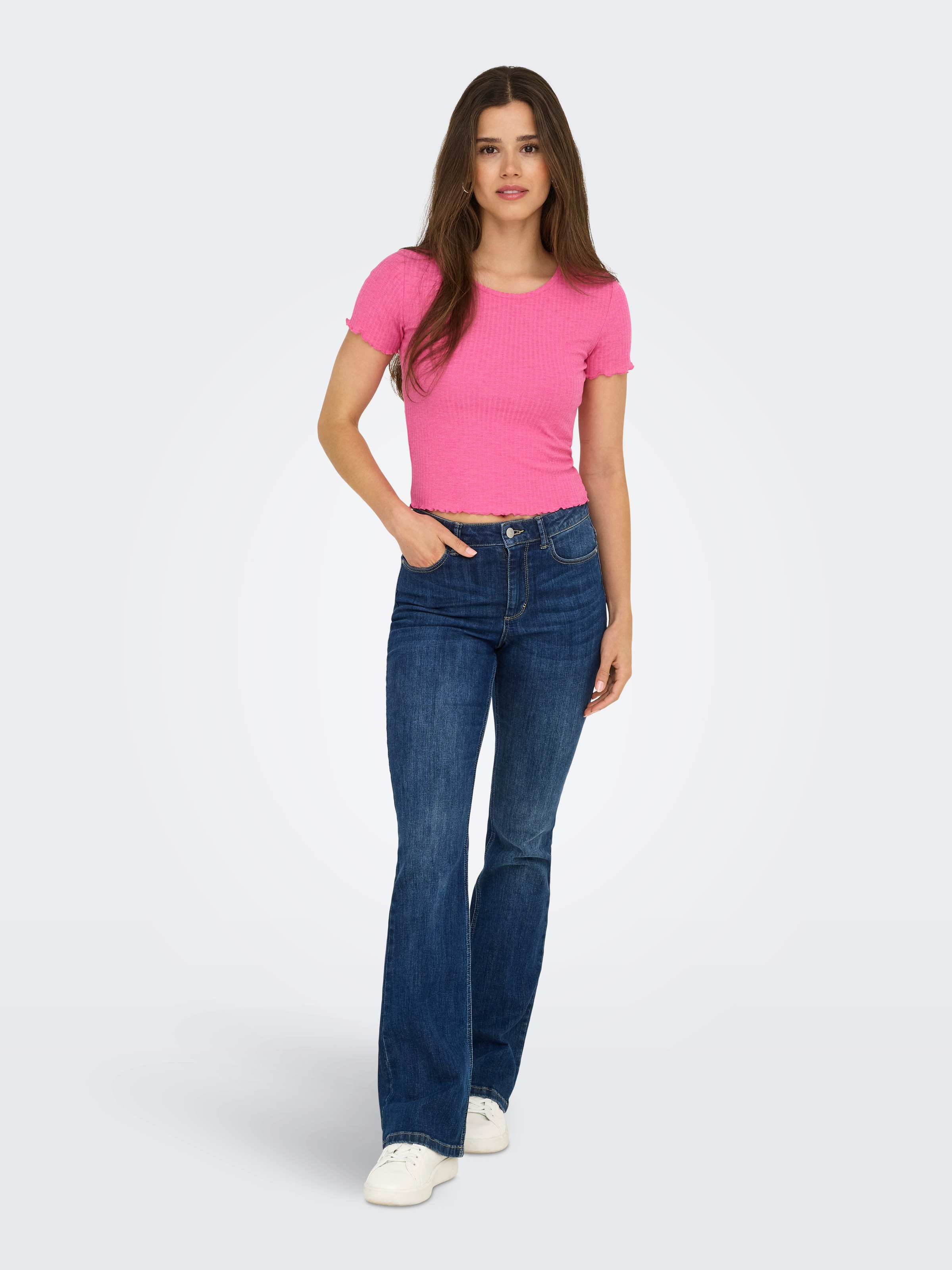 Rundhalsshirt ONLY "ONLEMMA S/S SHORT TOP NOOS JRS", Damen, Gr. M (38), pink (azalea pink), Jersey, Obermaterial: 65% Polyester, 30% Viskose, 5% Elasthan, unifarben, regular fit kurz, Rundhals, gewellter Abschluss, Shirts Rundhalsshirt, Rundhals, modisch, 6