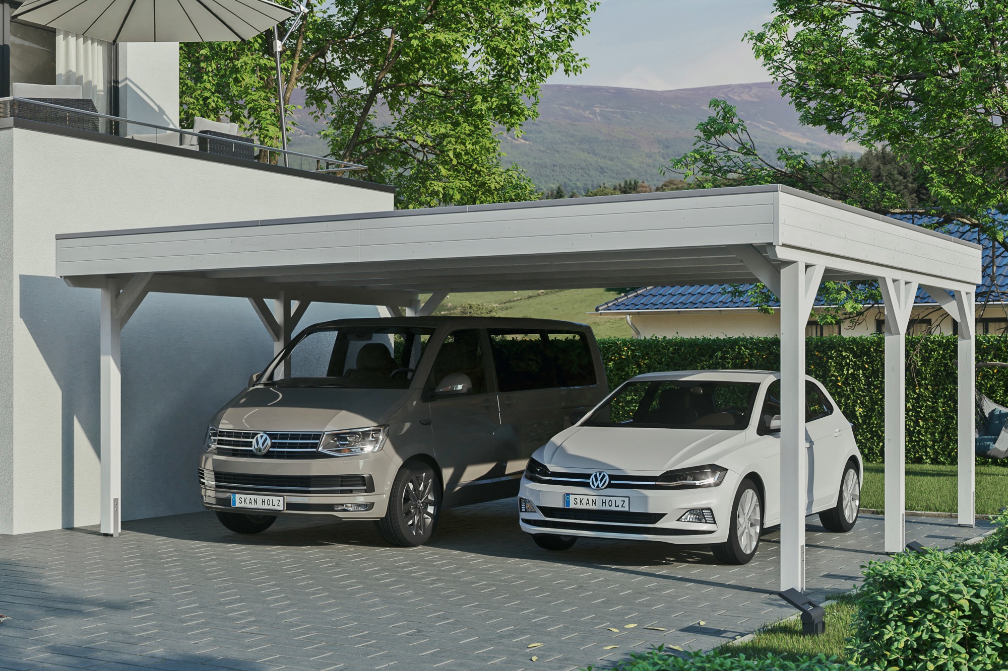 Skanholz Doppelcarport "Grunewald" Leimholz weiß mit EPDM-Dach