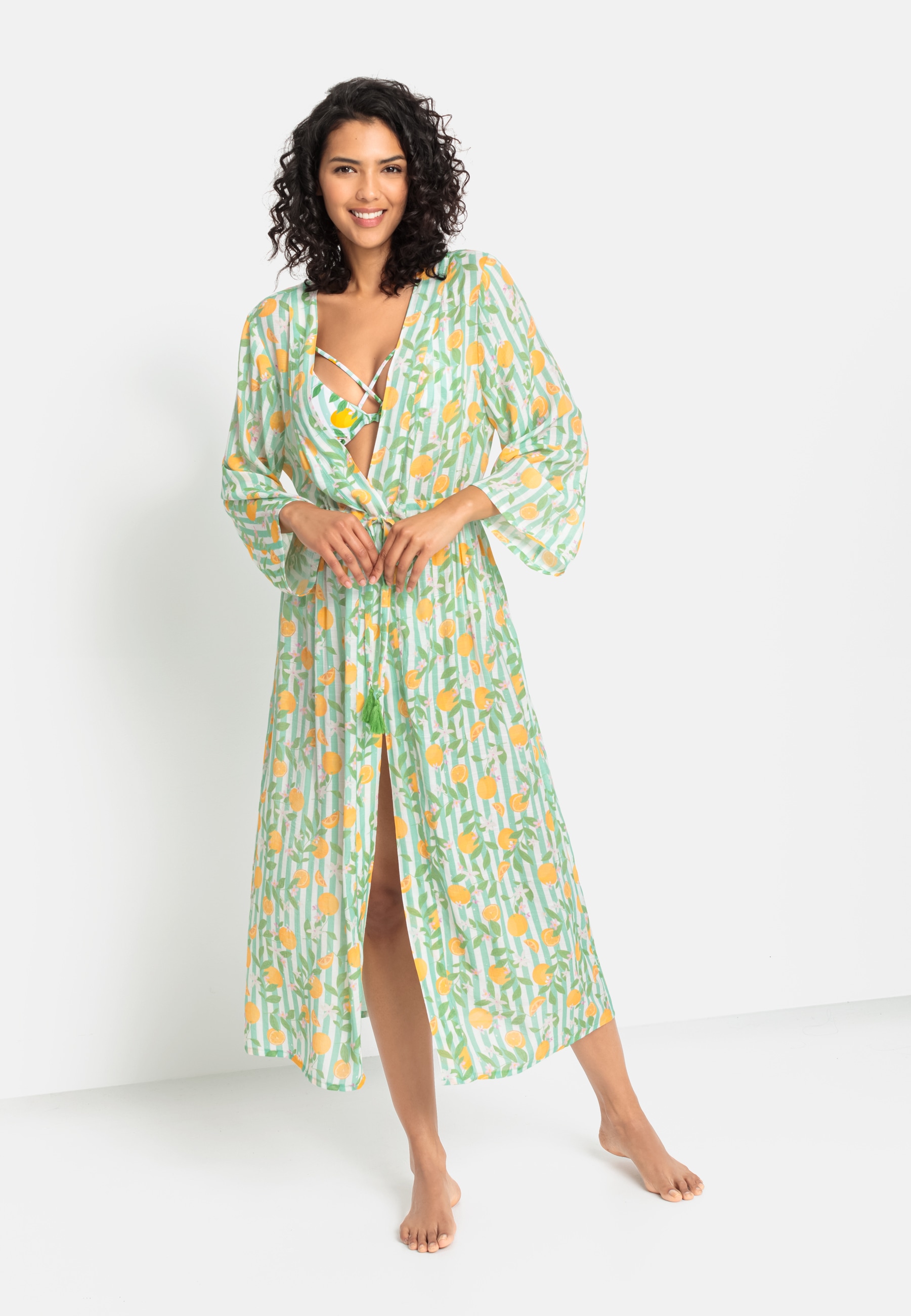 Strandkleid, im Kimono-Style mit Bindeband, langärmliges Sommerkleid, Kaftan