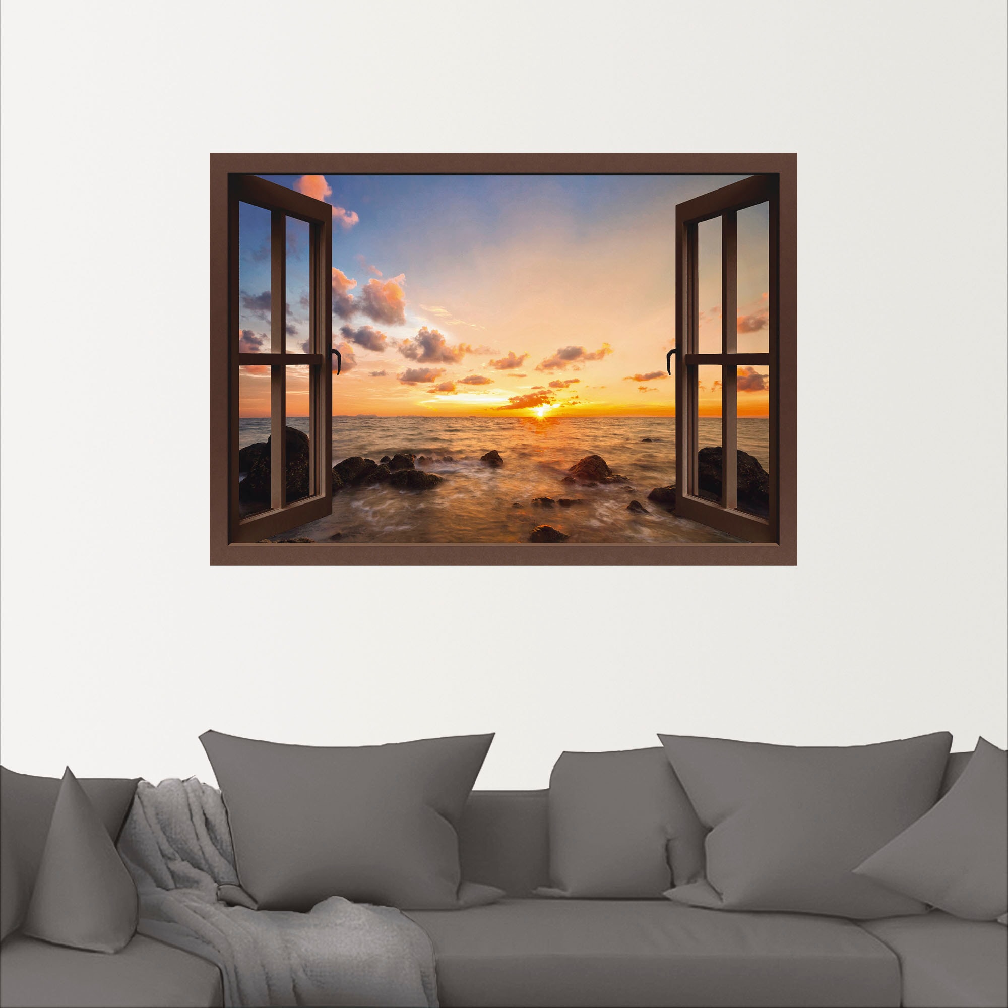 Artland Wandbild »Fensterblick Sonnenuntergang am Meer«, Fensterblick, (1 St.), als Alubild, Outdoorbild, Leinwandbild, Poster, Wandaufkleber