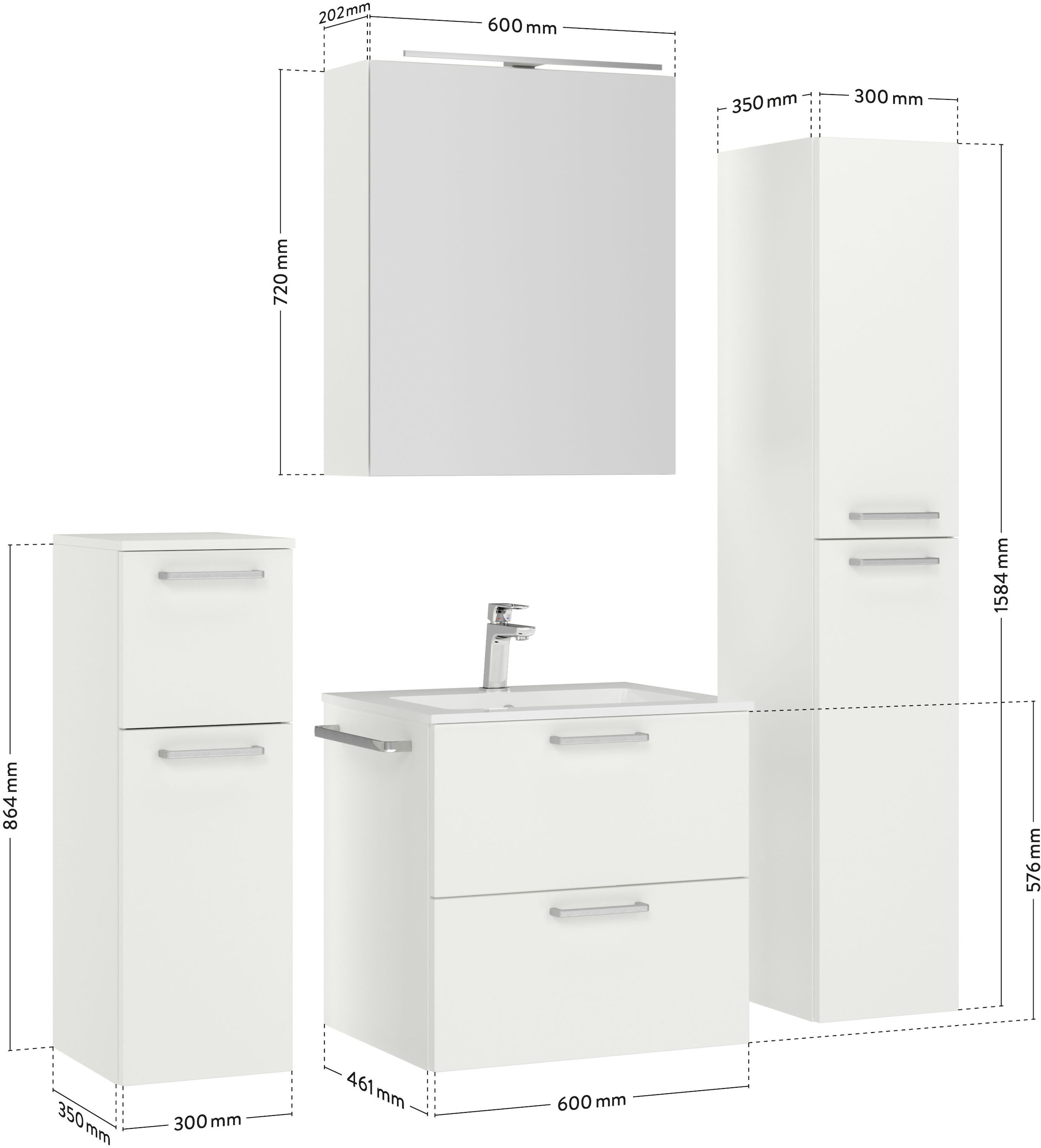 nobilia® Badmöbel-Set »Tolvina« vormontiert, mit Soft-Close, 4 Stk. tlg. inkl. Spiegelschrank mit Beleuchtung und Dimmerfunktion, in 4 Breiten