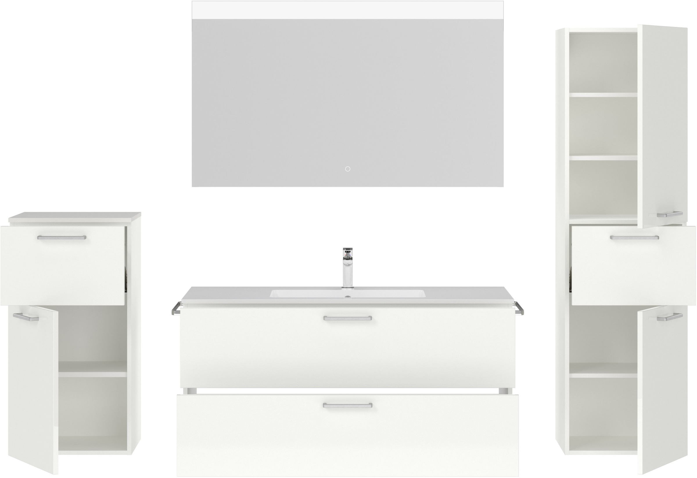 nobilia® Badmöbel-Set »Tolvina«, (4 St., vormontiert, mit Soft-Close), Hochglanz, inkl. Spiegel mit Touch-Sensor, in vier Breiten