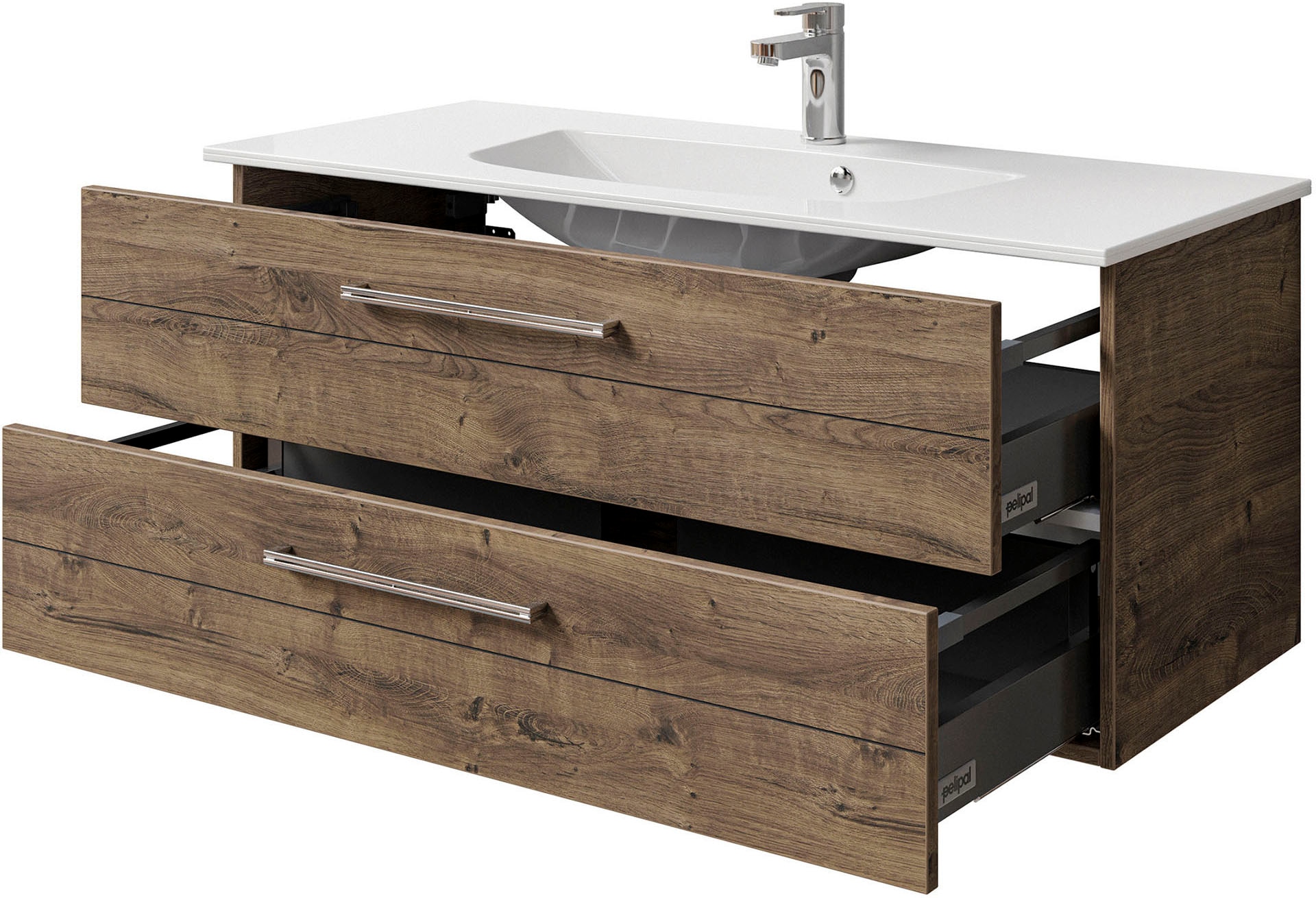 Saphir Badmöbel-Set »Serie 6025 2-teilig Mineralmarmor-Waschtisch mit LED-Spiegelschrank«, (2 St.), Waschplatz 117cm breit, 2 Schubladen, 3 Spiegel-Türen, inkl Türdämpfer