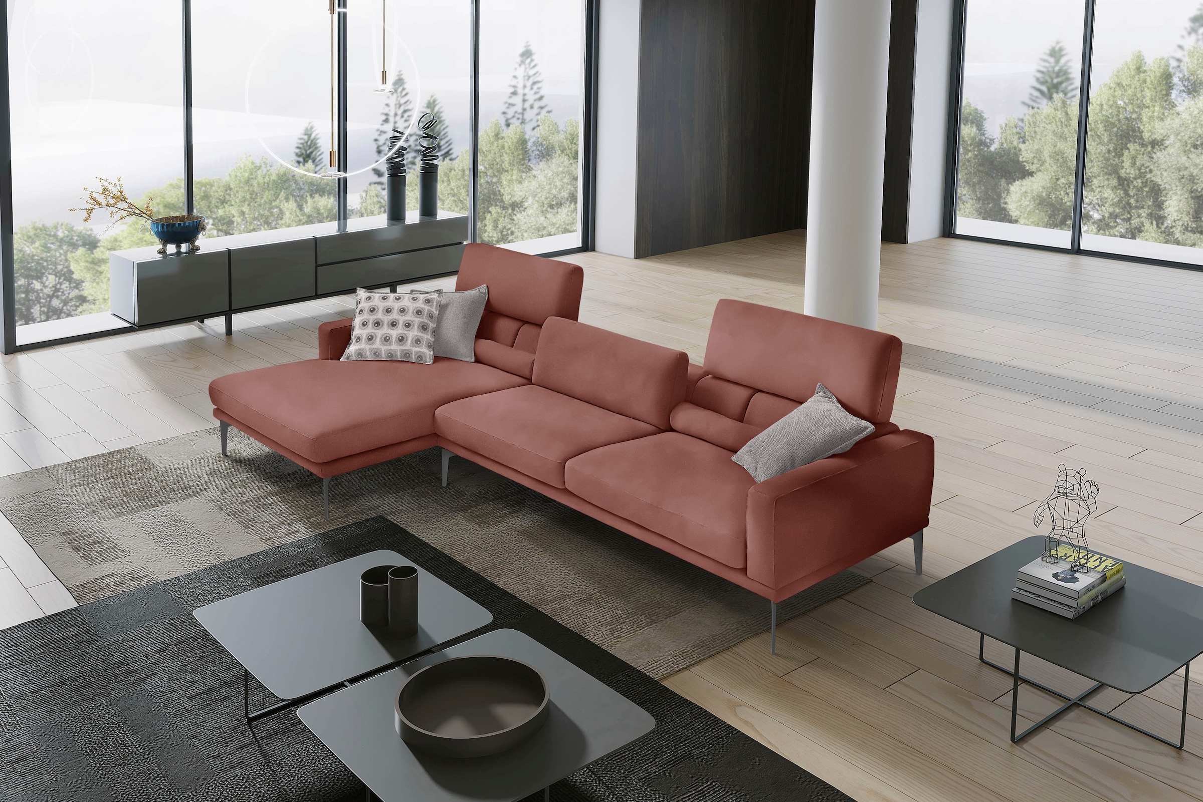 Egoitaliano Ecksofa »Masu, Design trifft sensationellen Sitzkomfort«, inkl. 2 Kissenrollen, Rückenelemente manuell verstellbar, Metallfüße