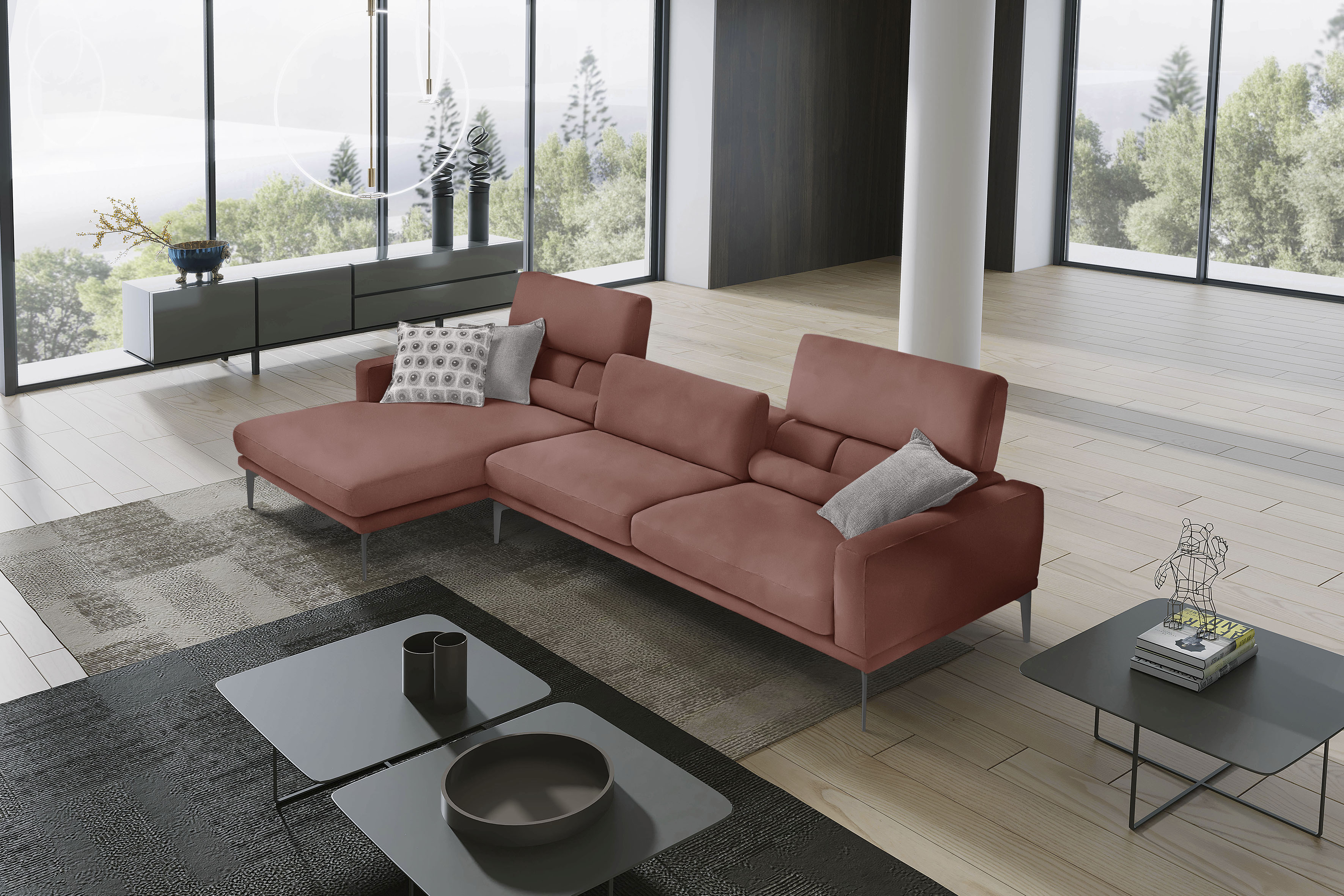 Egoitaliano Ecksofa "Masu, Design trifft sensationellen Sitzkomfort, Breite 277cm, L-Form" inkl. 2 Kissenrollen, Rückenelemente manuell verstellbar, Metallfüße