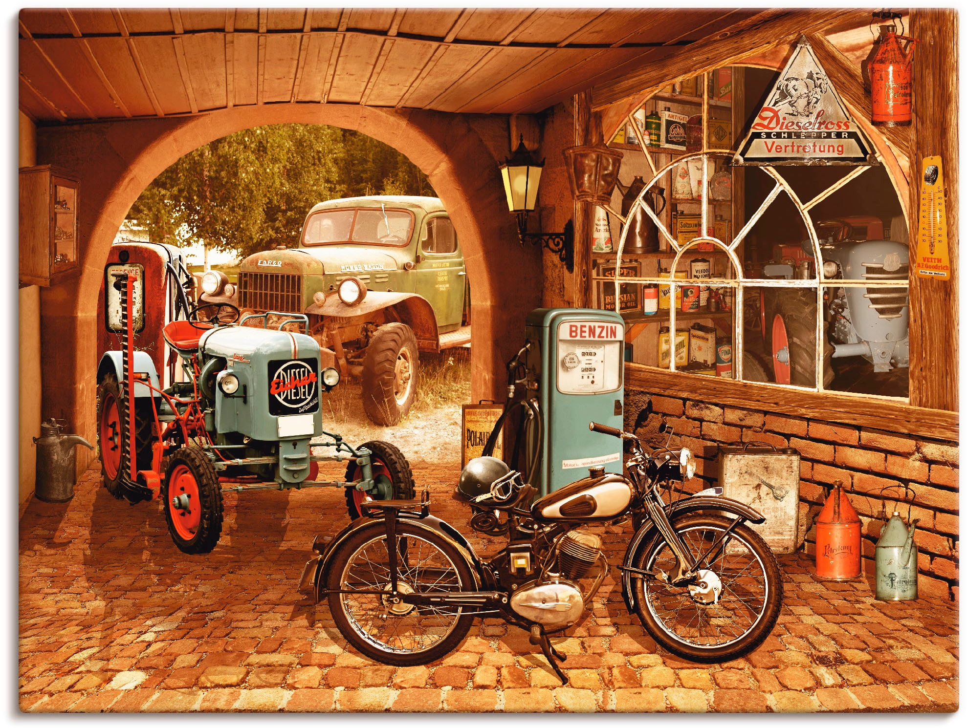 Artland Wandbild »Werkstatt mit Traktor und Motorrad«, Traktoren, (1 St.), als Alubild, Outdoorbild, Leinwandbild, Wandaufkleber, versch. Größen
