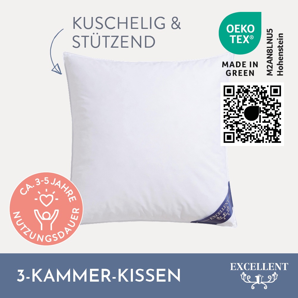 Excellent 3-Kammer-Kopfkissen »Davos Dreikammerkissen in den Größen 40x80 und 80x80 cm erhältlich.«, Füllung: 60%Gänsedaunen, 40% Gänsefedern (Außenkammer), Bezug: 100% Baumwolle, (1 St.), hergestellt in Deutschland, allergikerfreundlich
