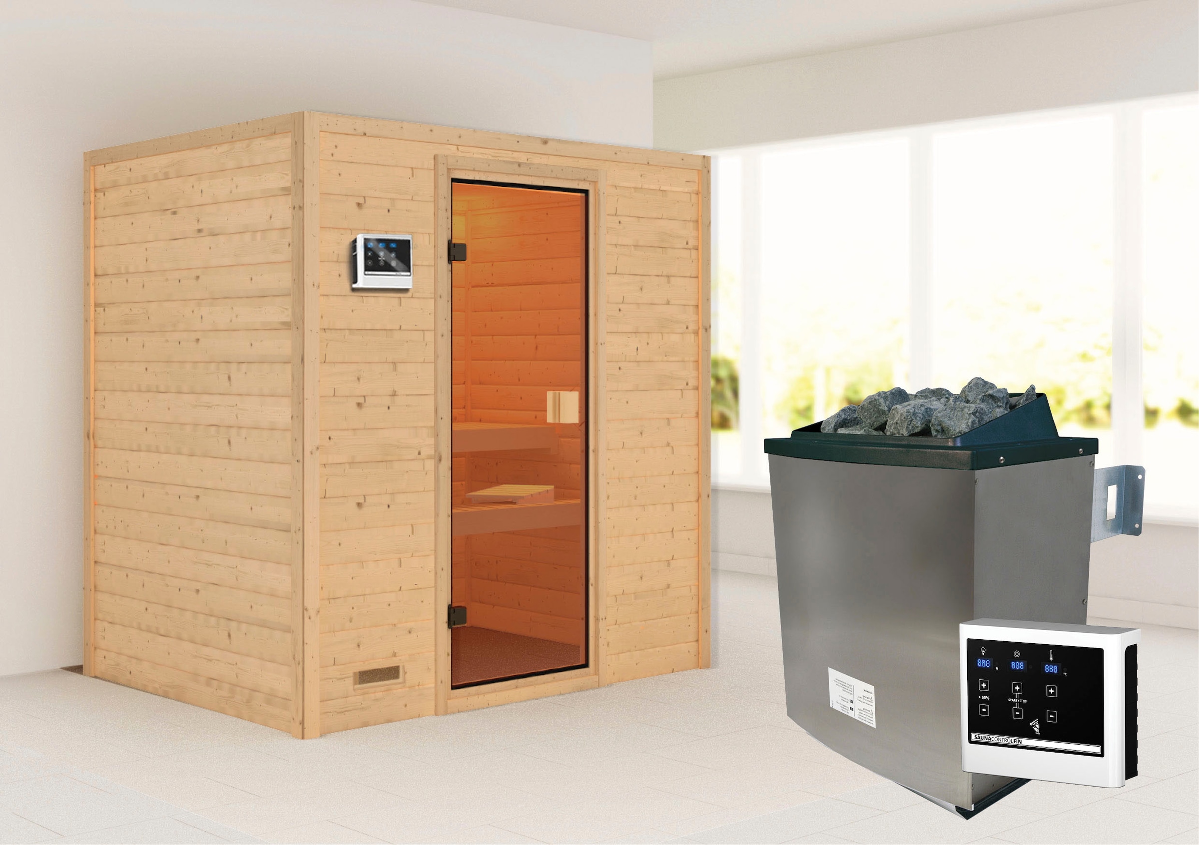 Karibu Sauna ""Sonja" mit bronzierter Tür Ofen 9 KW externe Strg modern"