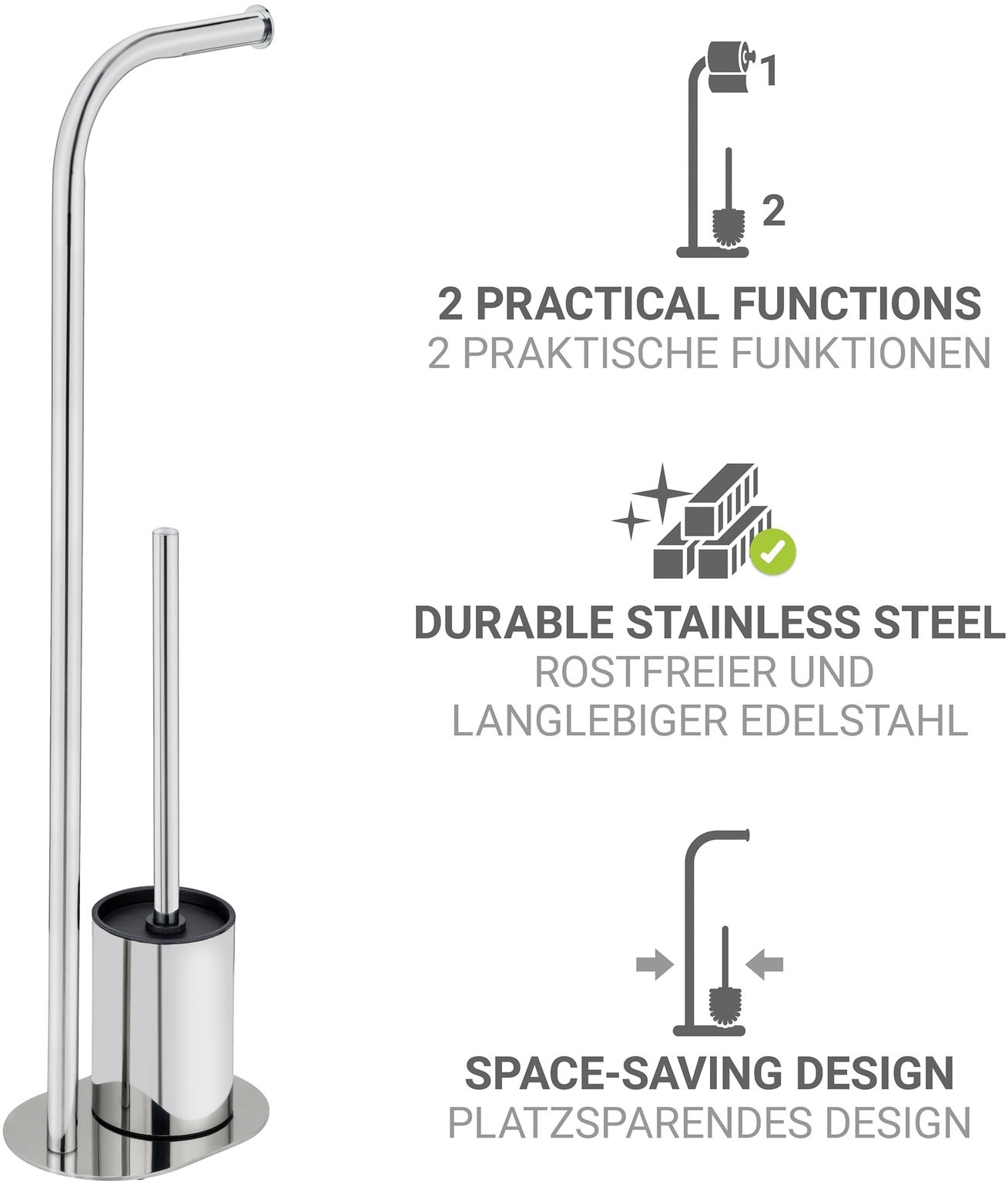 Thumbnail - WENKO WC-Garnitur "Levante" aus Edelstahl freistehender Toilettenpapierhalter mit WC-Bürste, Edelstahl rostfrei