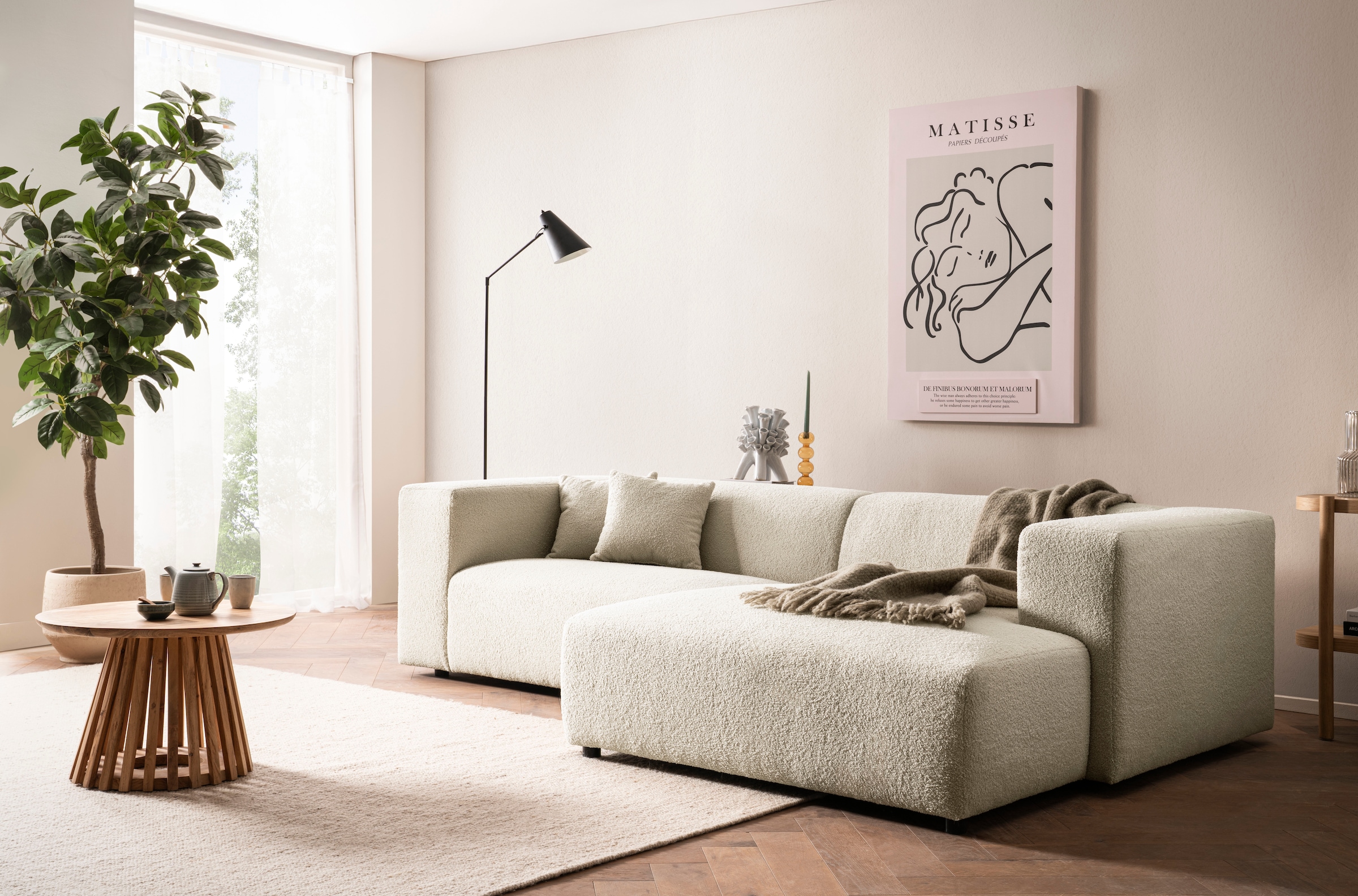 andas Ecksofa »BAKELS, L-Form in Cord oder Boucle-Stoff, moderne Couch«, wahlweise Recamiere rechts/links, bequemer Sitzkomfort