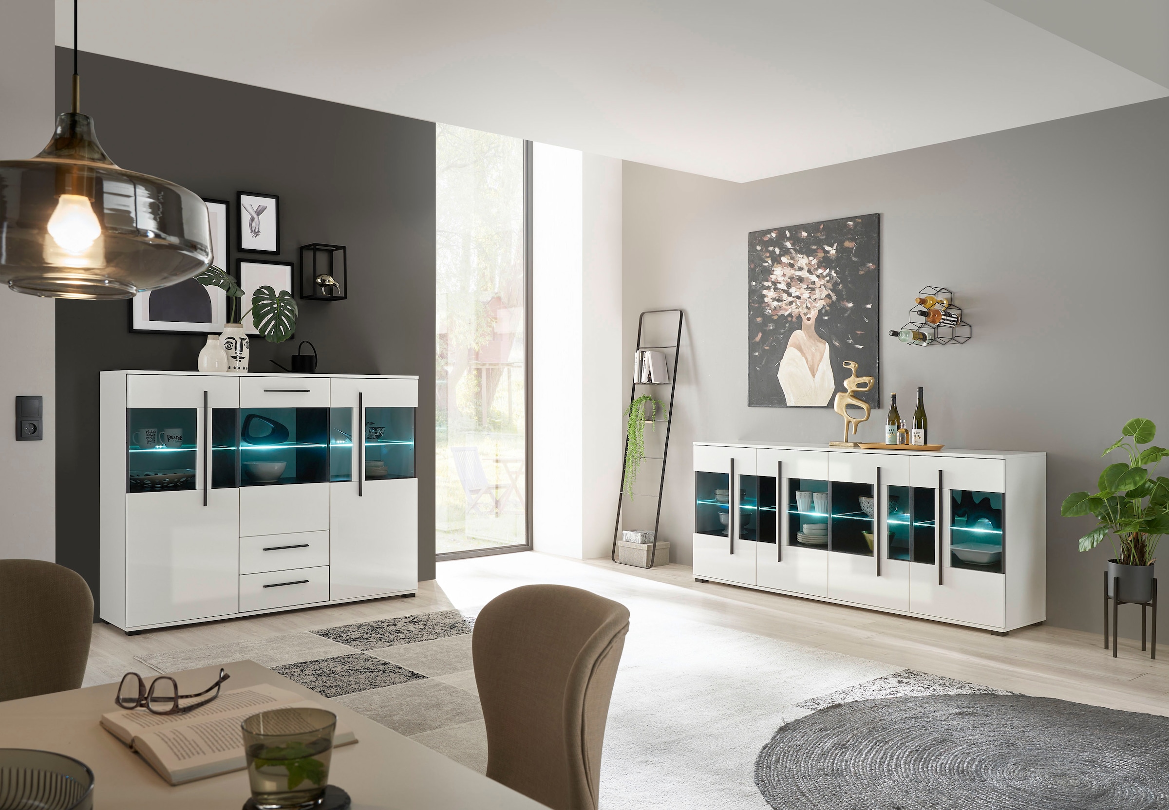 INOSIGN Highboard »Cantara, moderner Schrank, Vitrine in Eiche Dekor oder weiß«, schwarze Stangengriffe, ausreichend Stauraum, vielseitig einsetzbar
