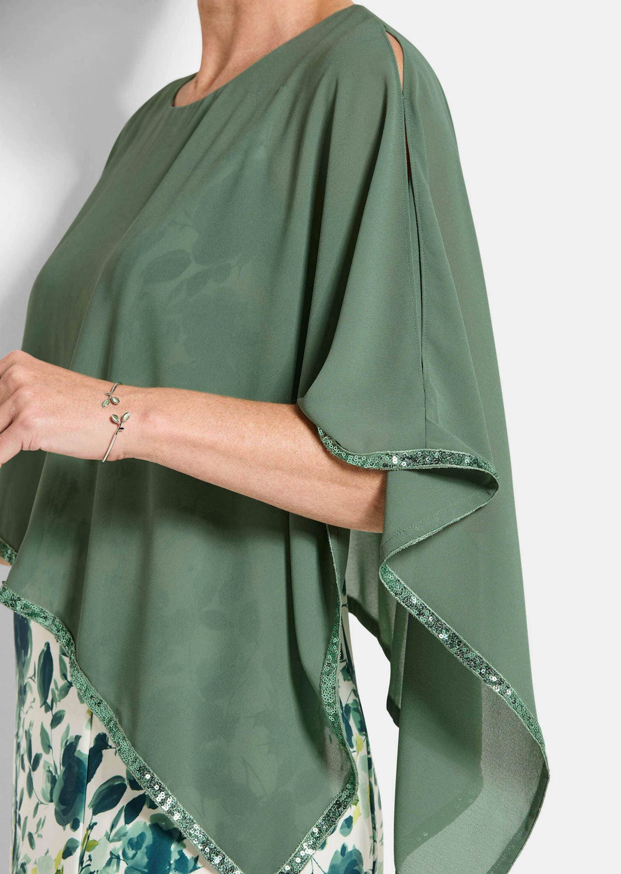 GOLDNER Abendkleid »Kurzgröße Cocktailkleid mit Chiffonüberwurf« Ohne Taschen Paillettenzierband am Armabschluss