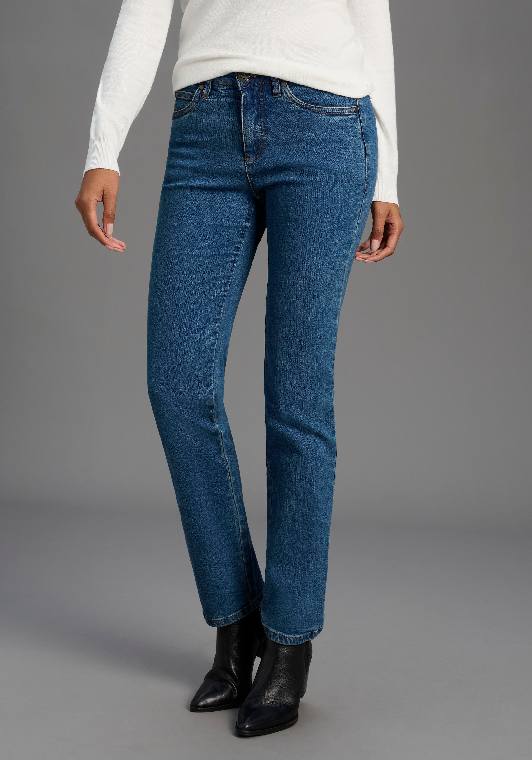 Gerade Jeans ARIZONA "Comfort-Fit", Damen, Gr. 76, K + L Gr, blau (blau stone), Jeans, Obermaterial: 98% Baumwolle, 2% Elasthan, Basic, normal lang, Jeans, High Waist, Topseller
