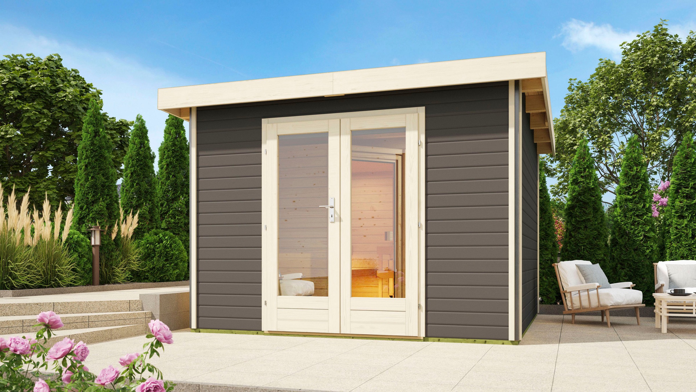 KONIFERA Saunahaus »Maiko 1 SET B«, terragrau, mit Ofen 9 kW ext. Steuerung