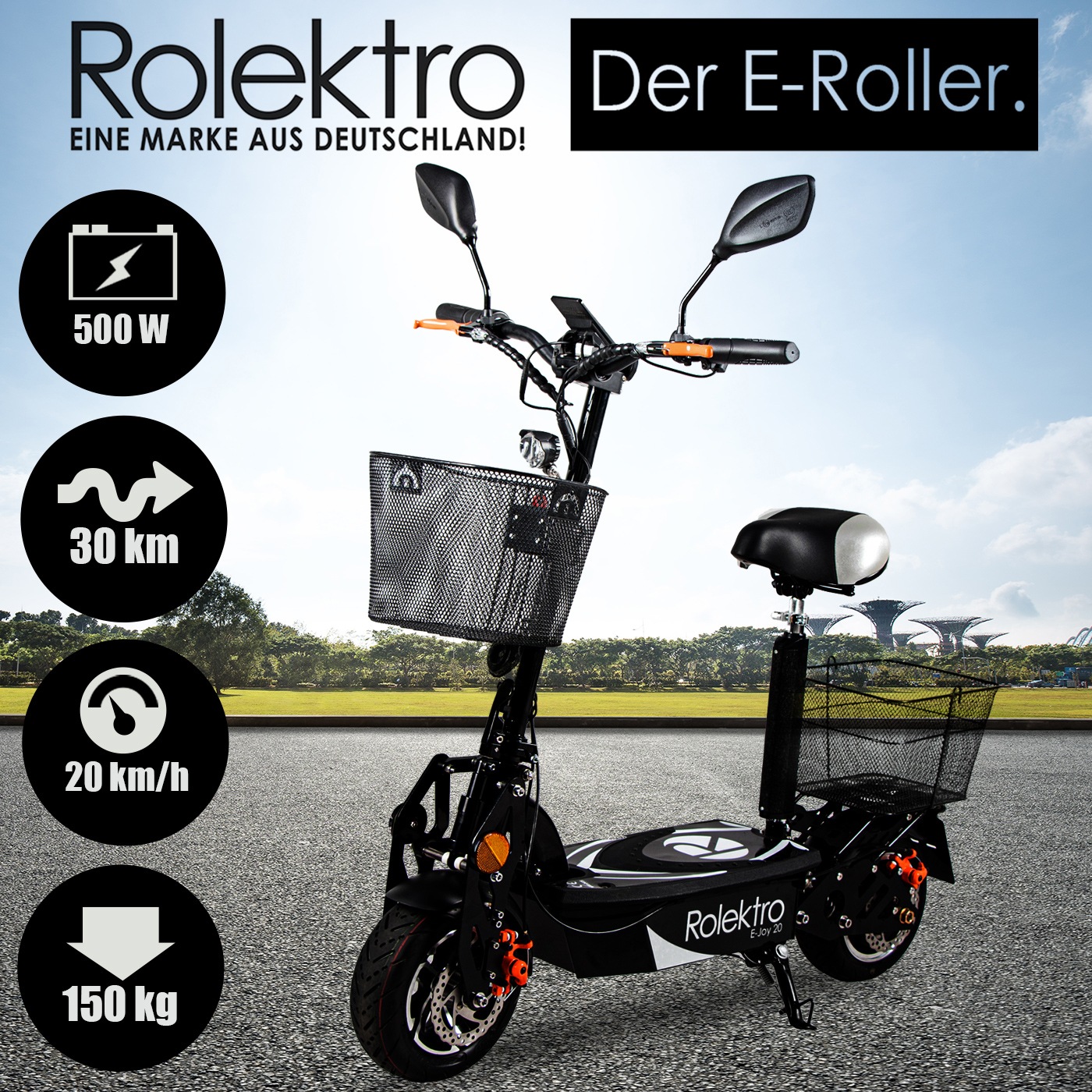 Rolektro E-Mofaroller »E-Joy 20, Schwarz, 36V-12AH Blei-Gel Akku, 500 Watt«, bis zu 30 km Reichweite