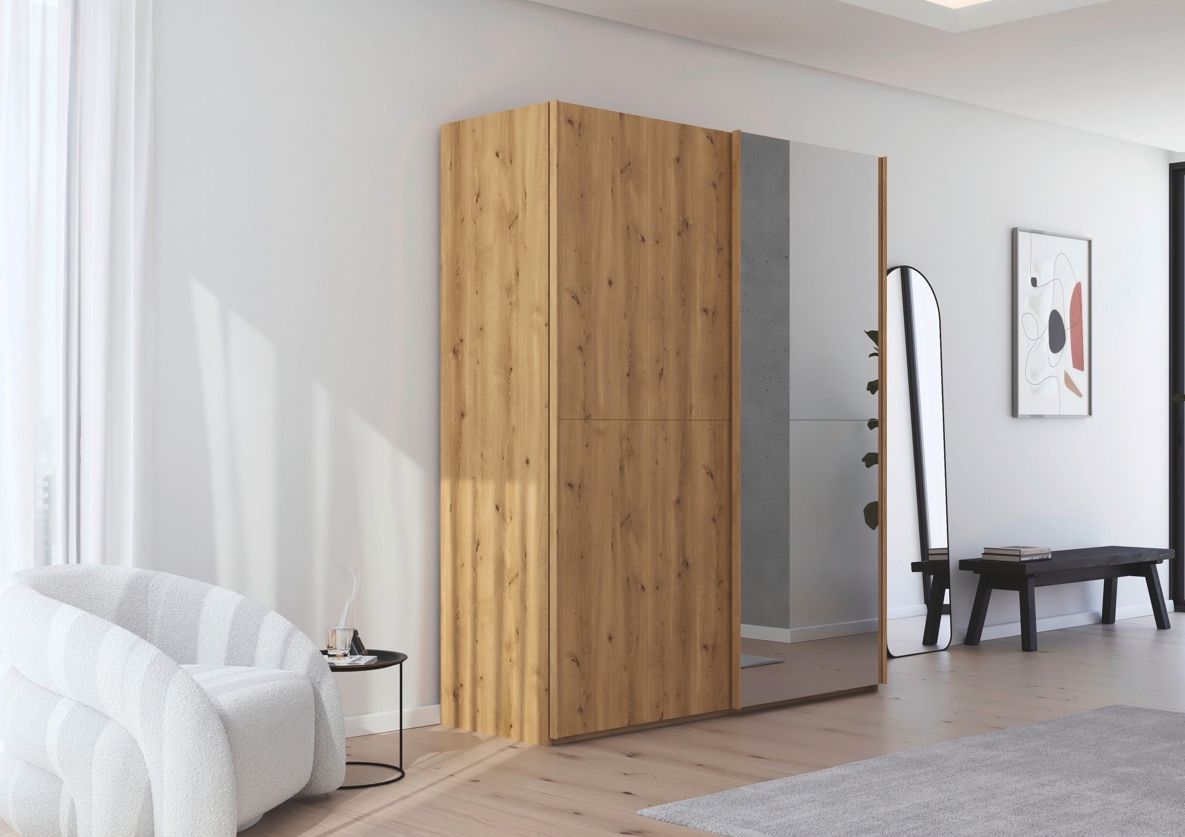 rauch Schwebetürenschrank »Kleiderschrank Schrank Garderobe Schlafzimmerschrank SCALE-WOOD«, edle geteilte Front in massiver Asteiche mit Spiegel MADE IN GERMANY