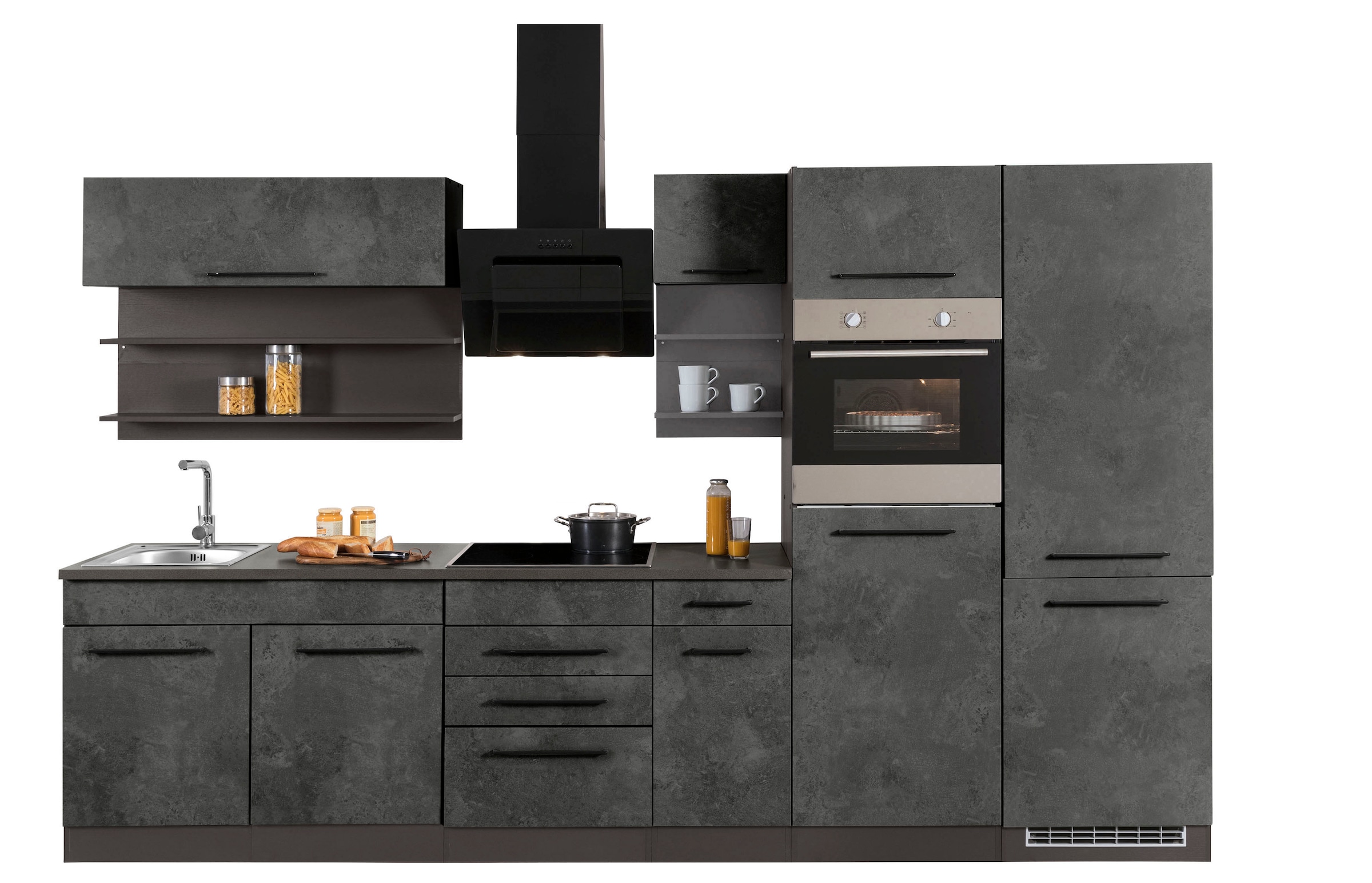 KOCHSTATION Küchenzeile »KS-Tulsa«, ohne E-Geräte, Breite 330 cm, schwarze Metallgriffe, MDF Fronten