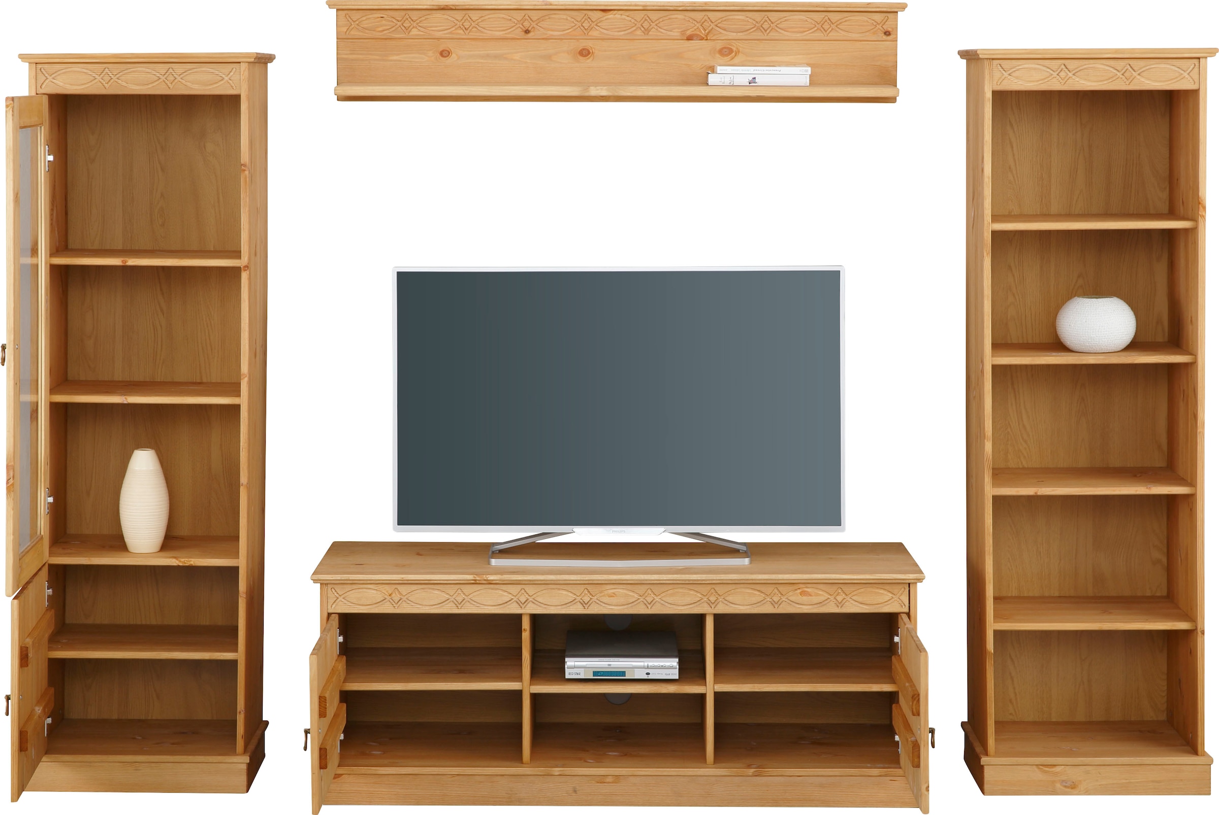 Home affaire Wohnwand »Indra«, (Set, 4 St.), 4-teiliges Set: Vitrine, Lowboard, Wand- & Standregal, Kiefer massiv