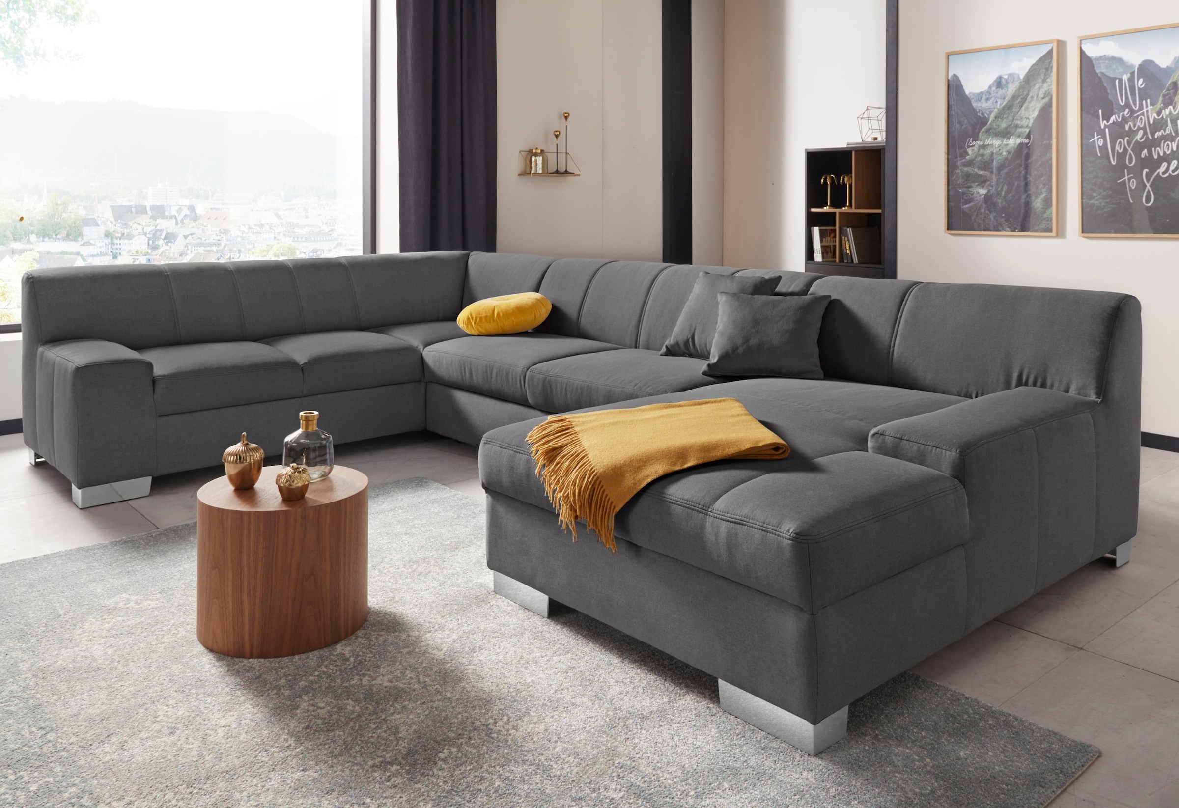 DOMO collection Wohnlandschaft "Bero, elegant und zeitlos, flache Armlehnen, Breite 328cm, U-Form" fester Sitzkomfort, wahlweise mit Bettfunktion
