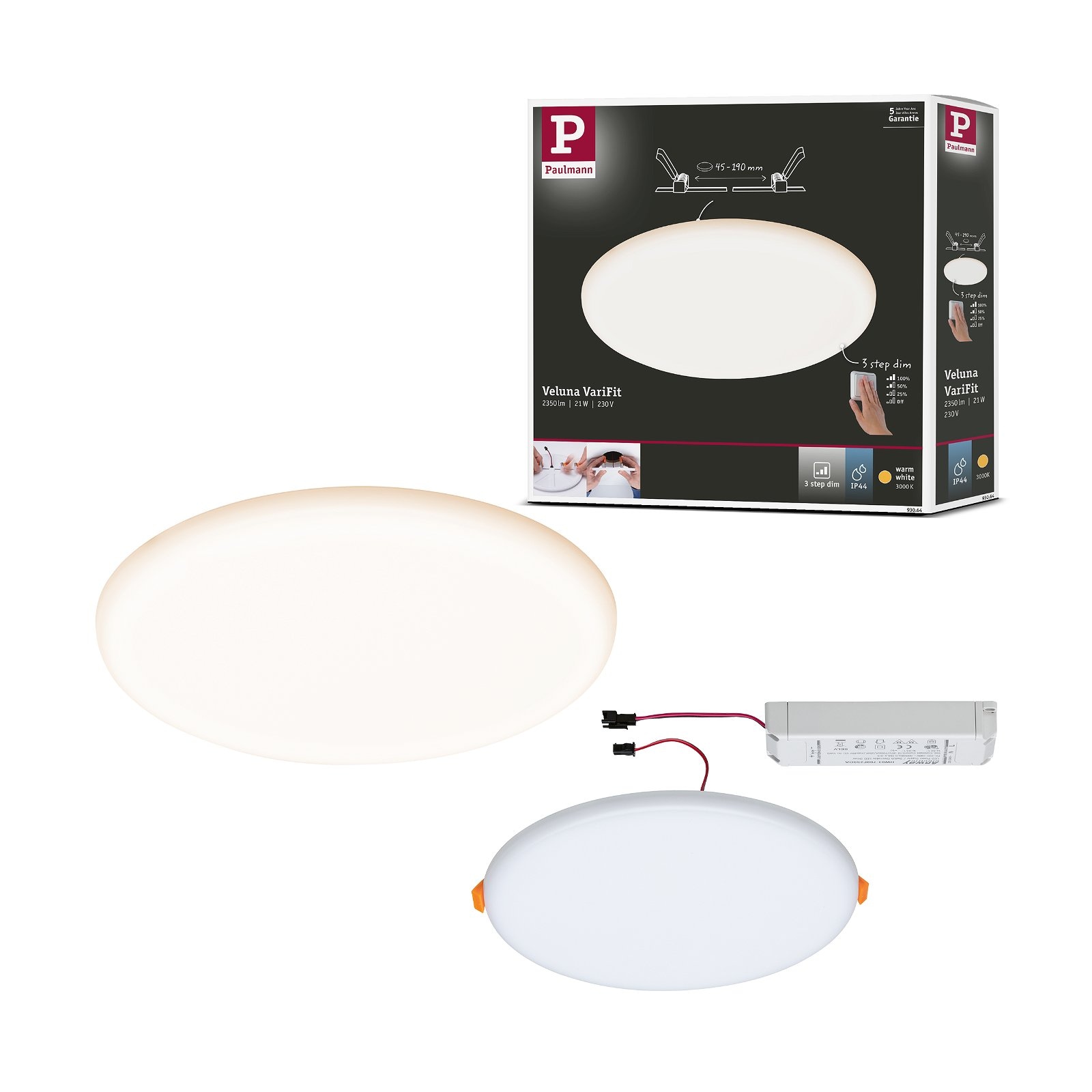 Paulmann LED Einbauleuchte »VariFit Veluna IP44 rund 215mm 21W 1650lm 3000K Satin 3-Step-Dim« 1 Stk. Warmweiß Einbaupanel, dimmbar
