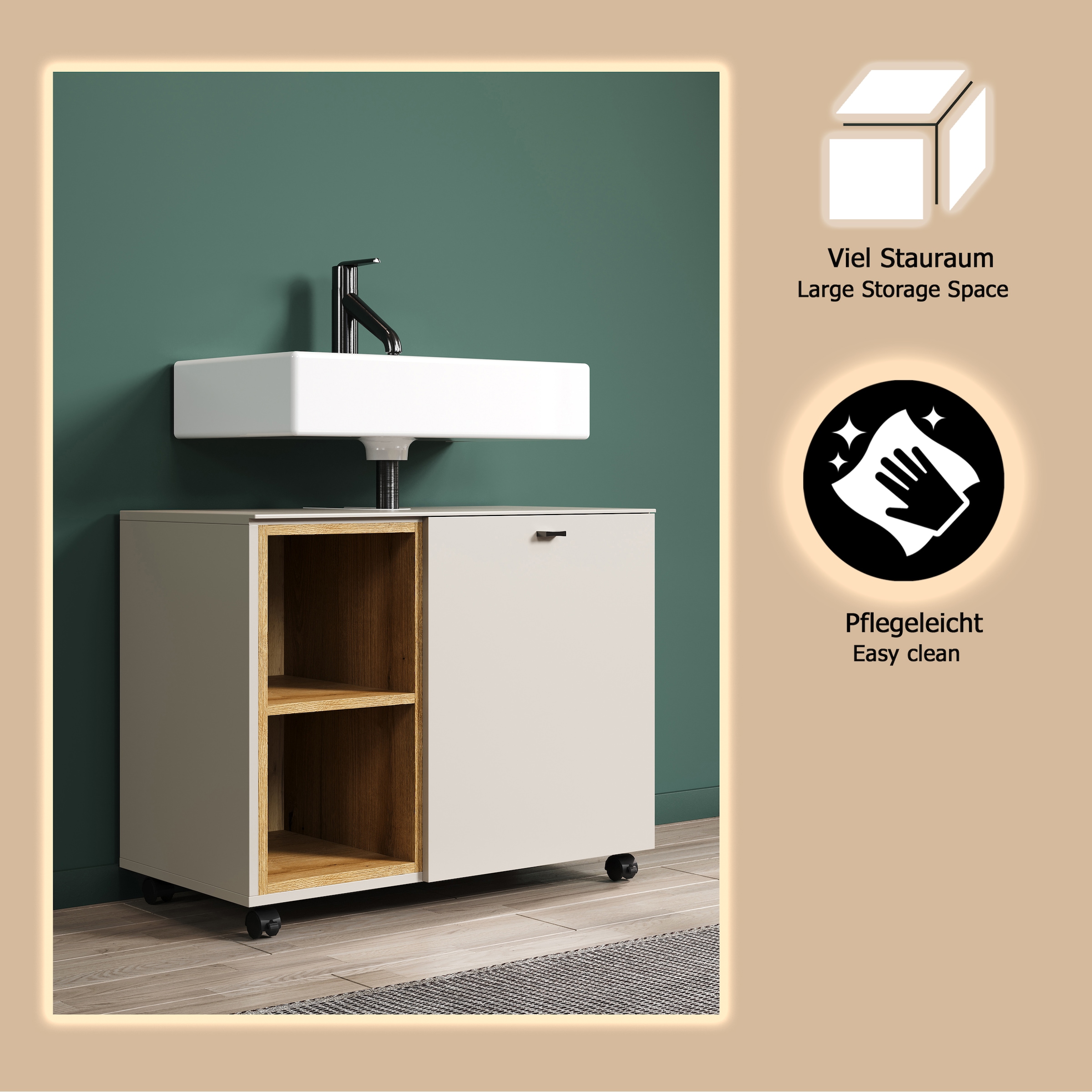 welltime Waschbeckenunterschrank »San Pedro«, (1 St.), Waschbeckenunterschrank a. Rollen, Soft-Close 80/42/64 cm