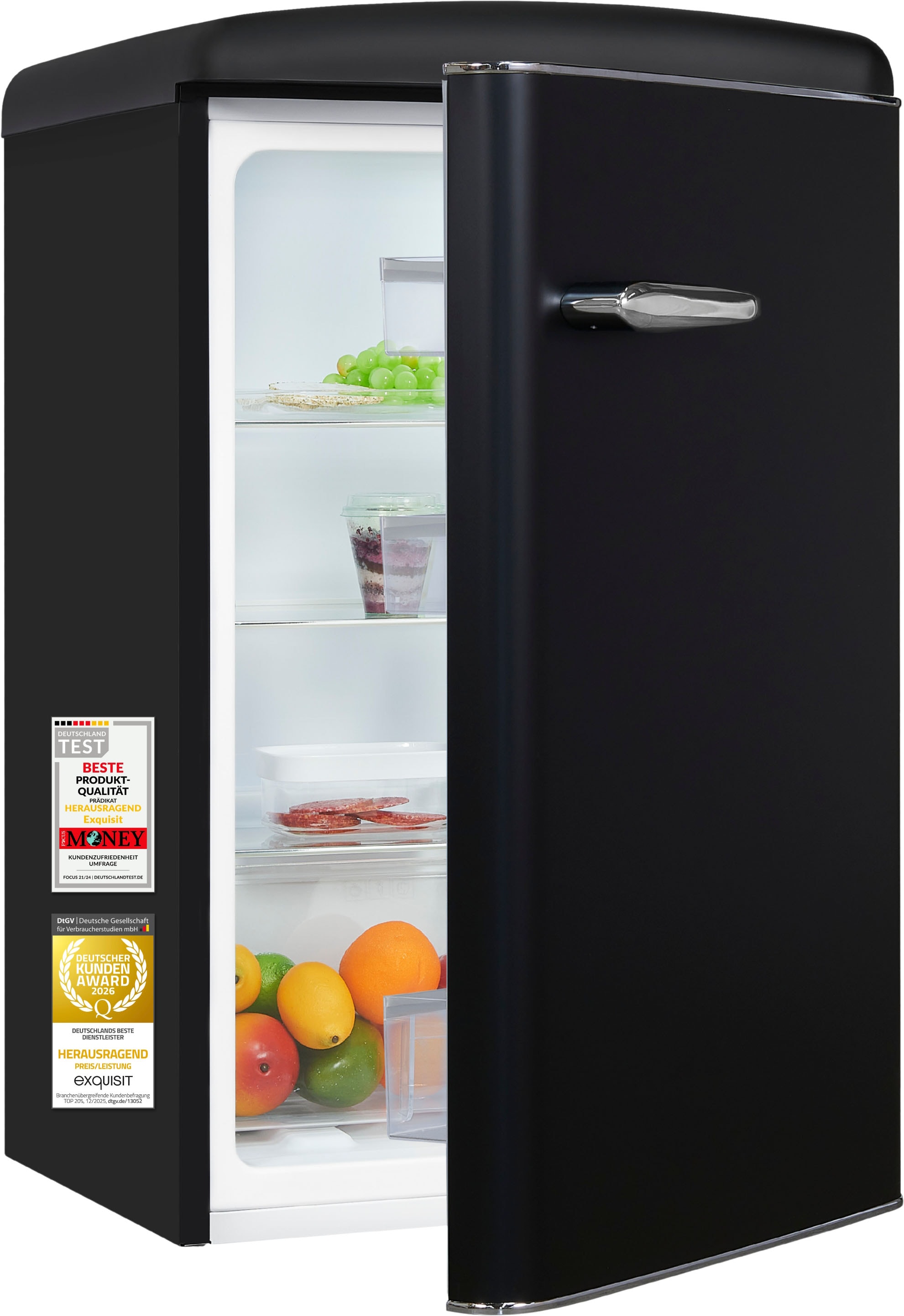 exquisit Kühlschrank "RKS120-V-H-160C mattschwarz" 89,5 cm hoch 54,5 cm breit LED-Beleuchtung, verstellbare Glasböden, Retro-Design