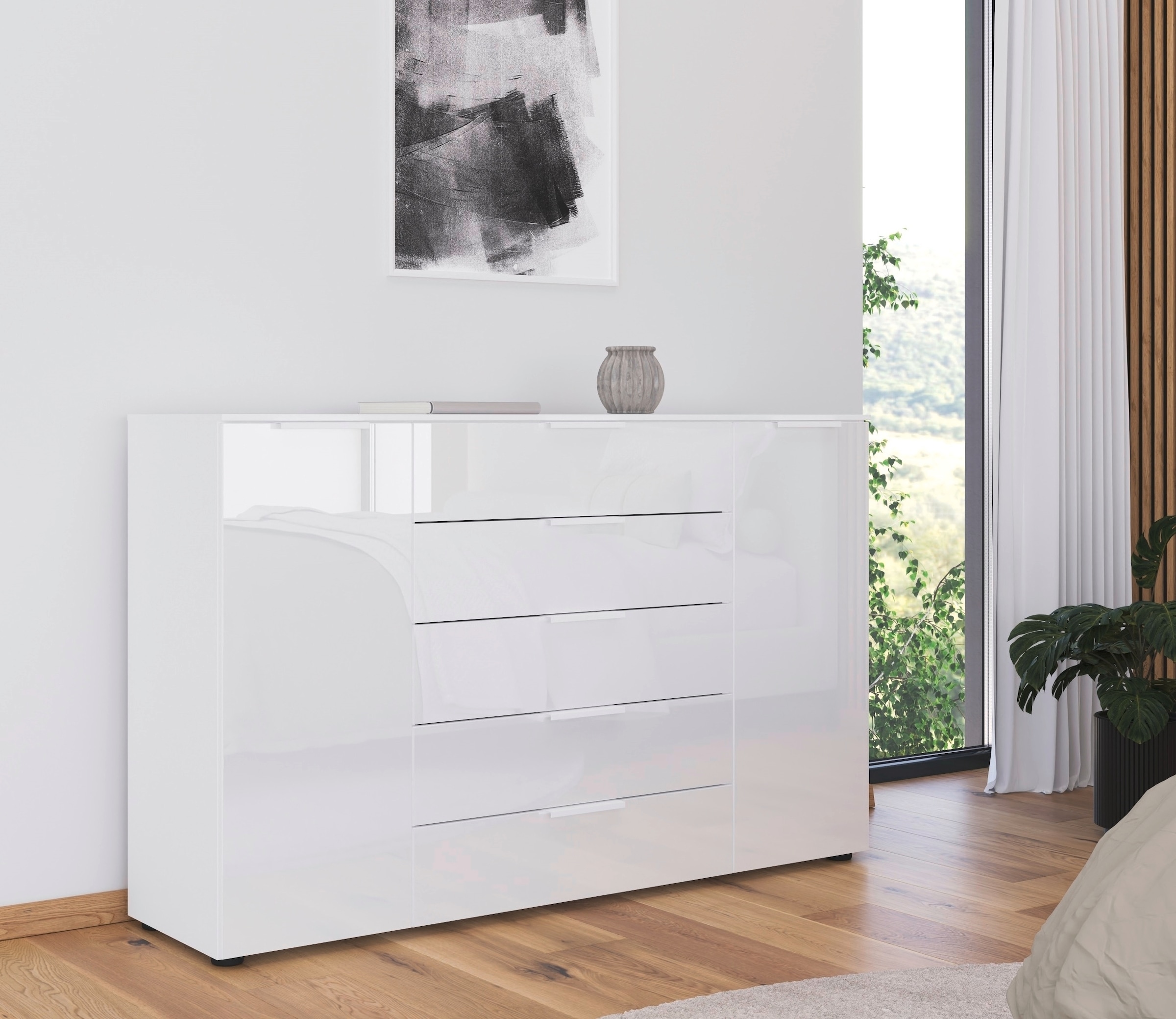 rauch Schubkastenkommode »Kommode Türkommode Sideboard Kombikommode FLIPP mit Glasfront«, (Breite 160/180 cm mit 4 Einlegeböden), 2-trg mit 5 Schubladen und Soft-Close, 2 Breiten MADE IN GERMANY