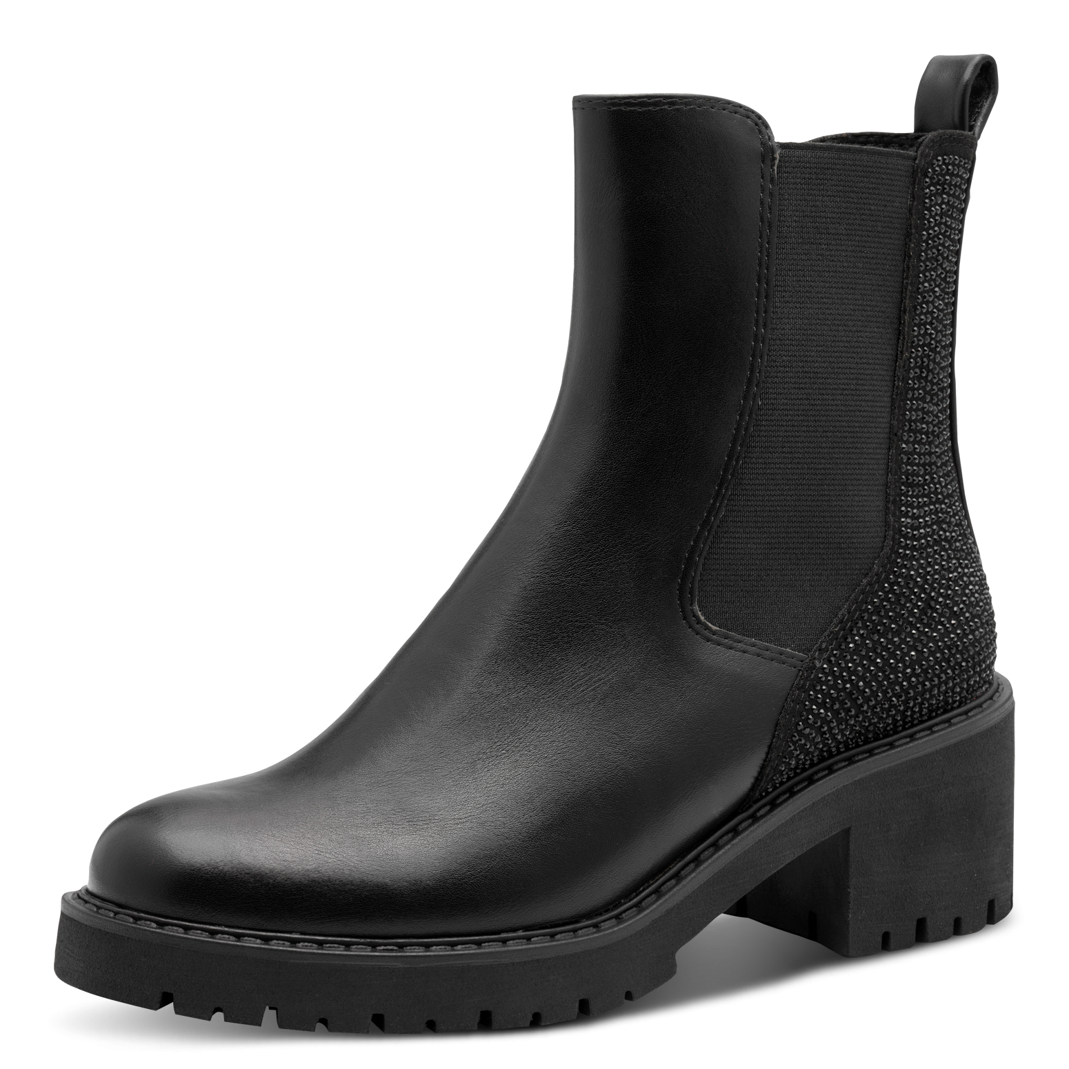 MARCO TOZZI Chelseaboots, Blockabstz, Stiefelette mit funkelenden Strasssteinchen besetzt