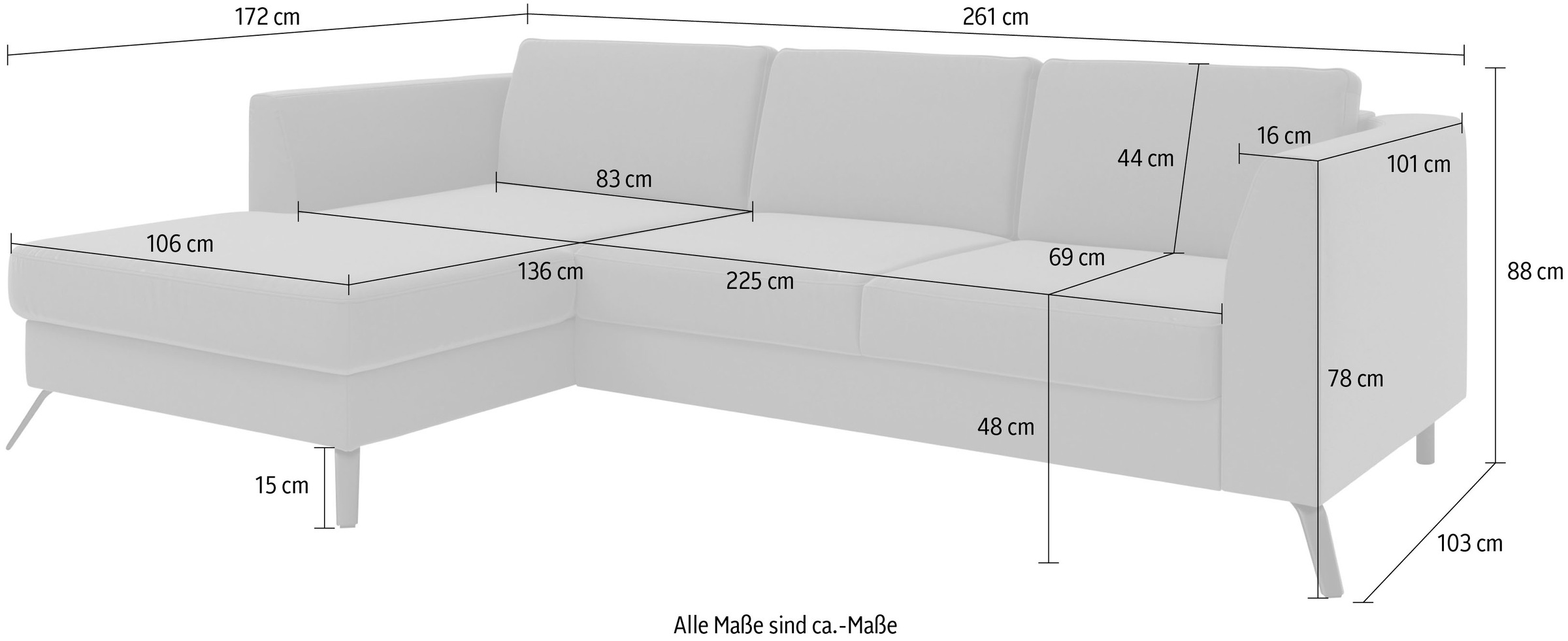 sit&more Ecksofa »Olsen L-Form« inklusive Sitztiefenverstellung, wahlweise mit Bettfunktion, 15cm hoch