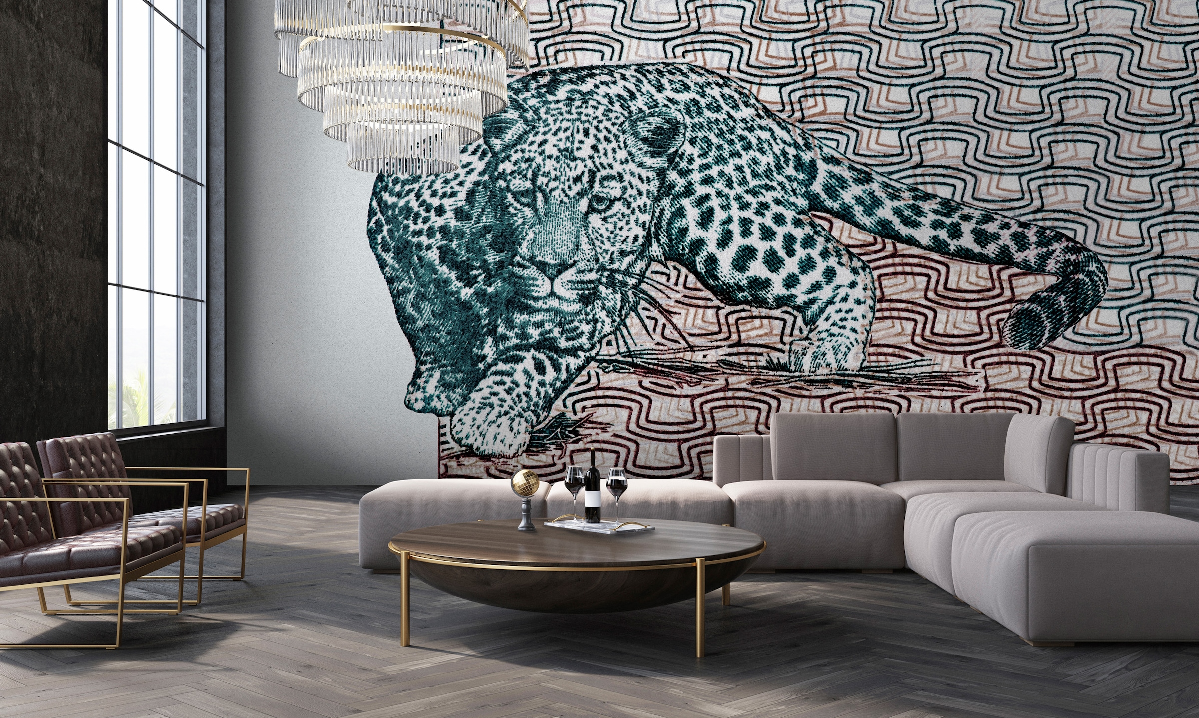 living walls Vliestapete "Leoparden-Tapete mit Retro-Muster Türkis Braun" matt glatt