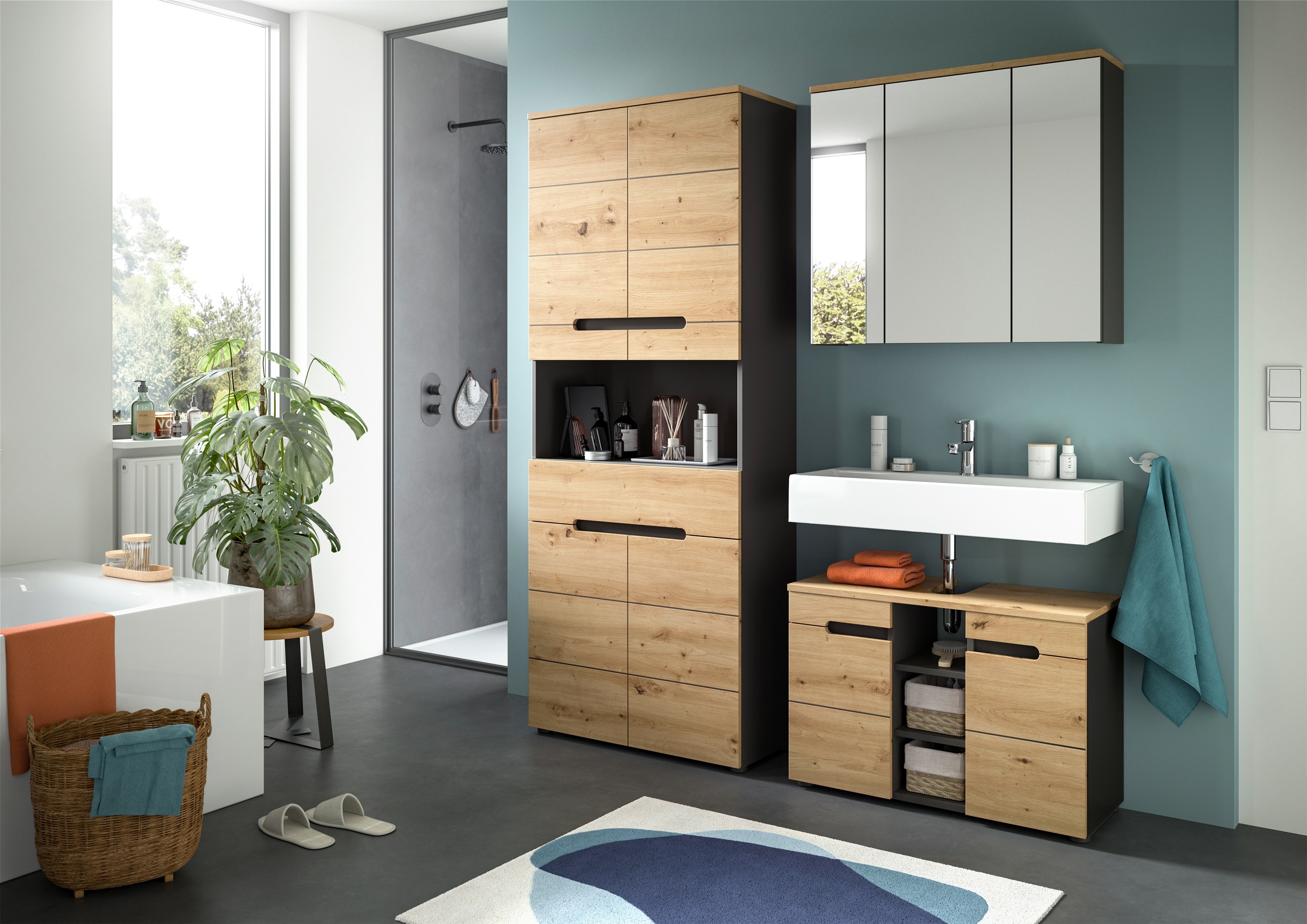 INOSIGN Badmöbel-Set »REHAT, 3-teilig, Breite 171 cm, mit grifflosen Fronten, bestehend aus:«, (3 St.), 1x Hochschrank, 1x Waschbeckenunterschrank & 1x Spiegelschrank