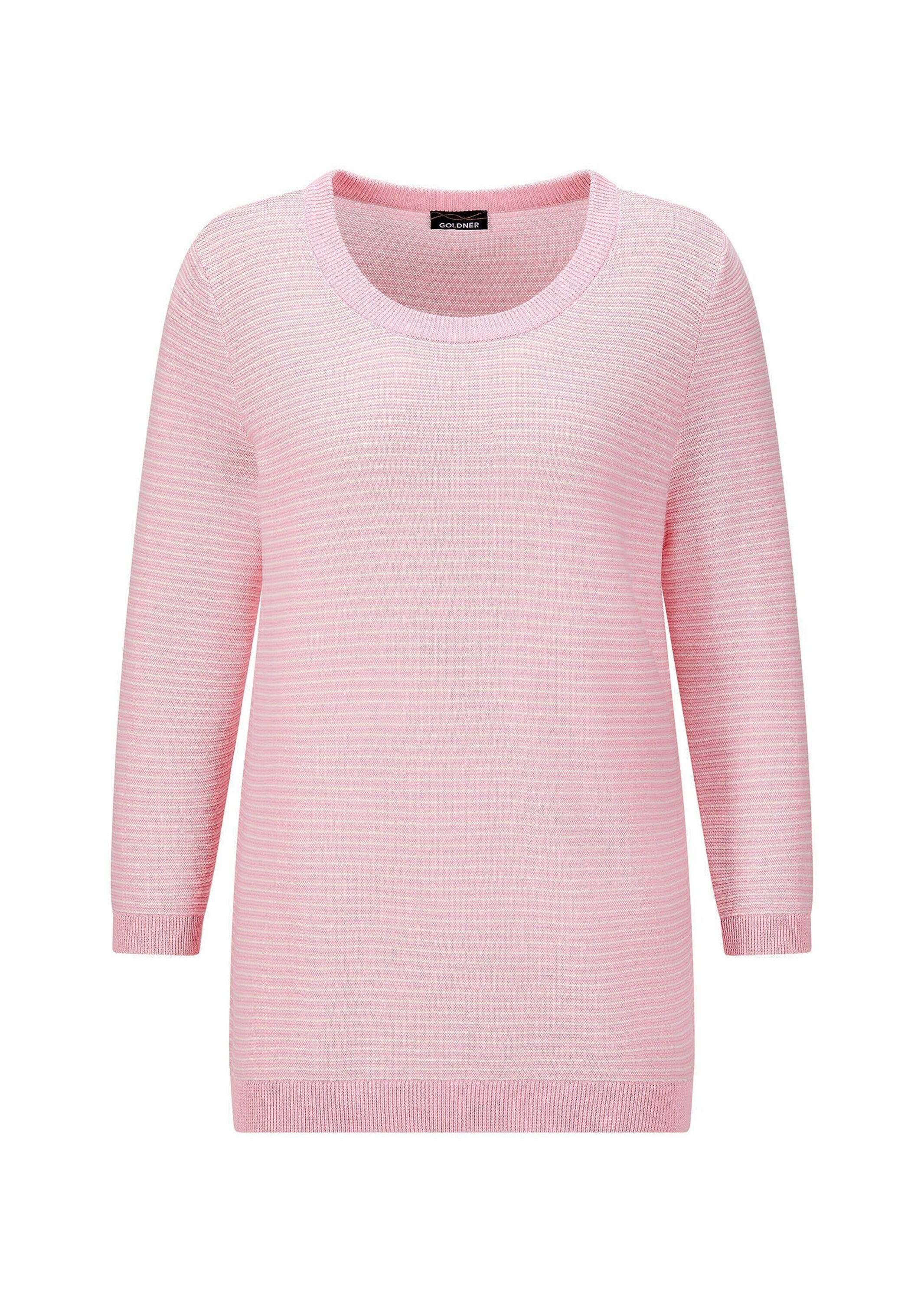 Rundhalspullover GOLDNER "Kurzgröße Halbarm Ringelpullover aus Baumwolle", Damen, Gr. 20, rosa (rosé, gemustert), Obermaterial: 100% Baumwolle CO., Modisch, Pullover Rundhalspullover, Rundhalsausschnitt