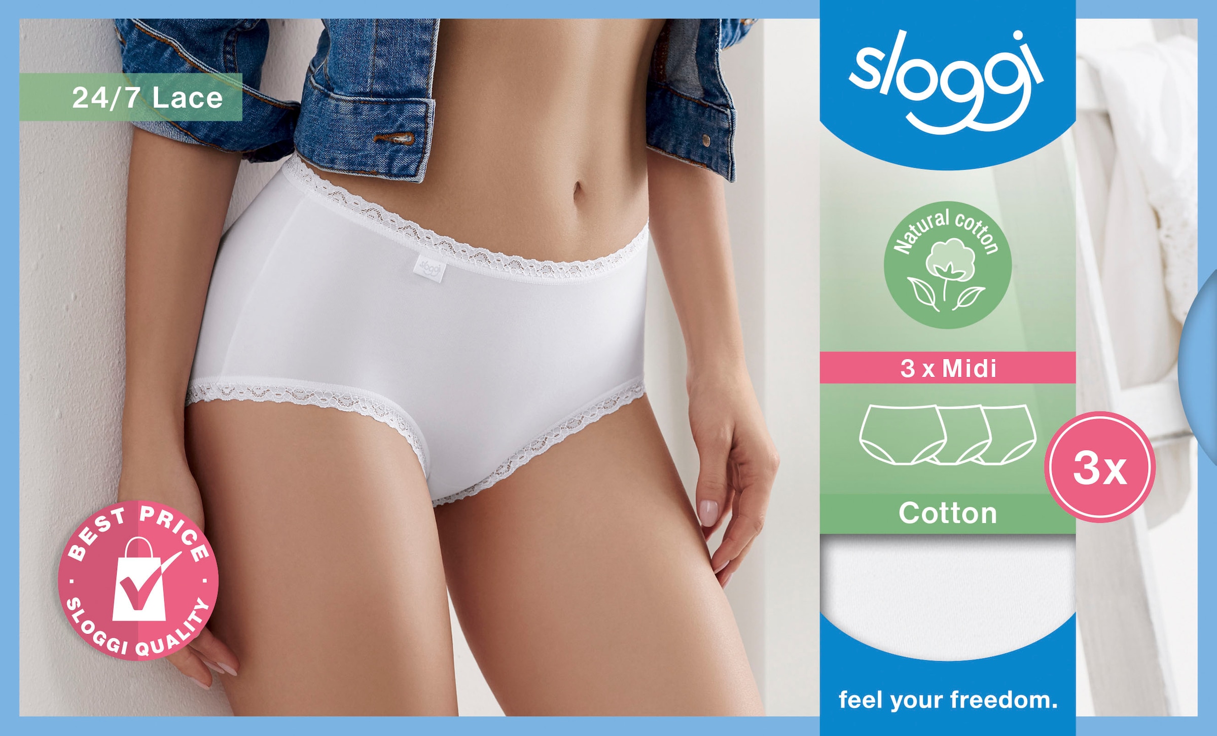 sloggi Midislip »24/7 Cotton Lace Midi C3P«, (3er Pack), mit zarter Spitze und hohem Baumwollanteil