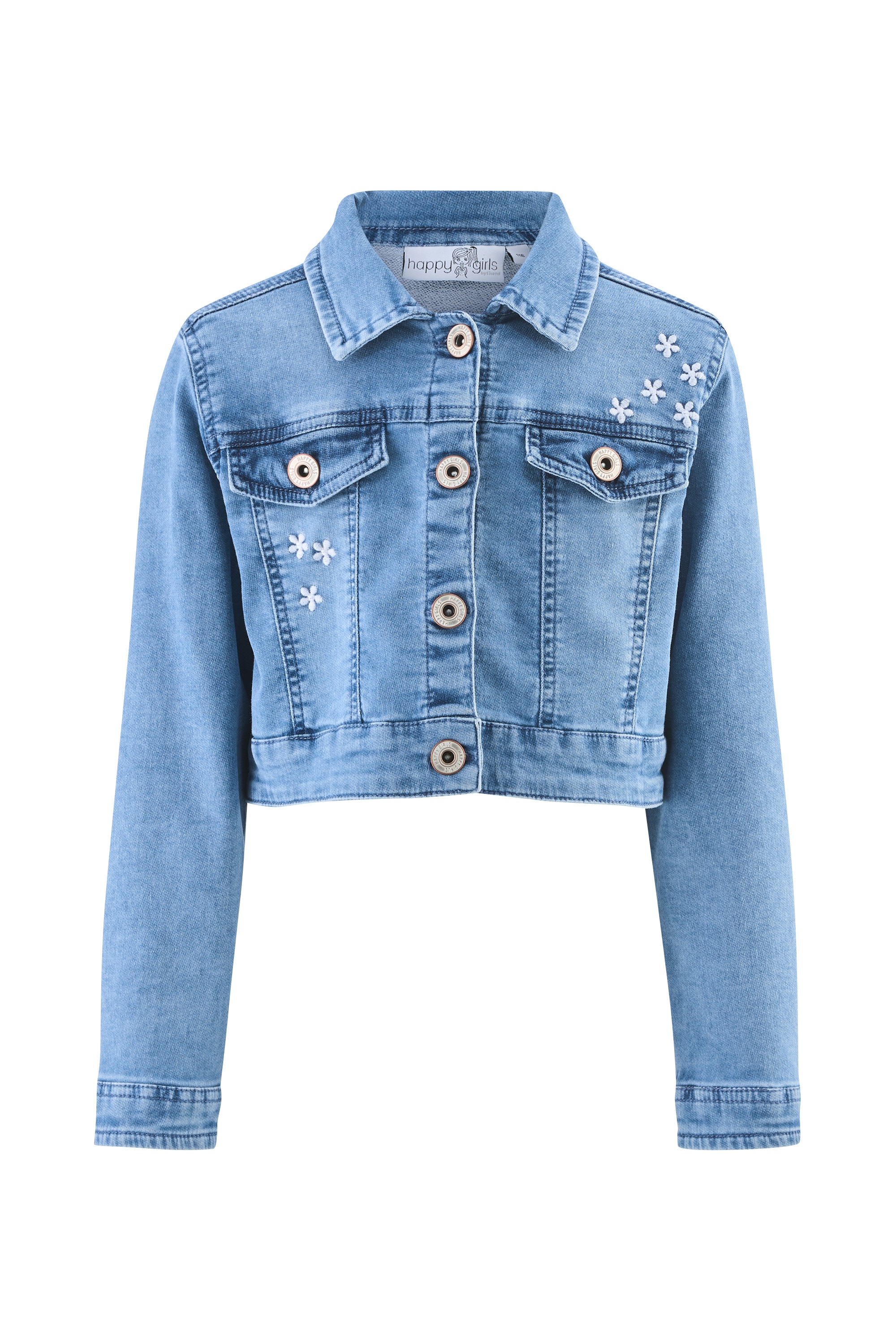 Jeansjacke HAPPY GIRLS, Mädchen, Gr. 116, blau (jeans blau), Denim/Jeans, Obermaterial: 98% Baumwolle, 2% Elasthan, unifarben, regular fit taillenbedeckt, 1-Knopf-Manschette mit Schlitz, Jacken Jeansjacke, mit tollen Blütenstickereien