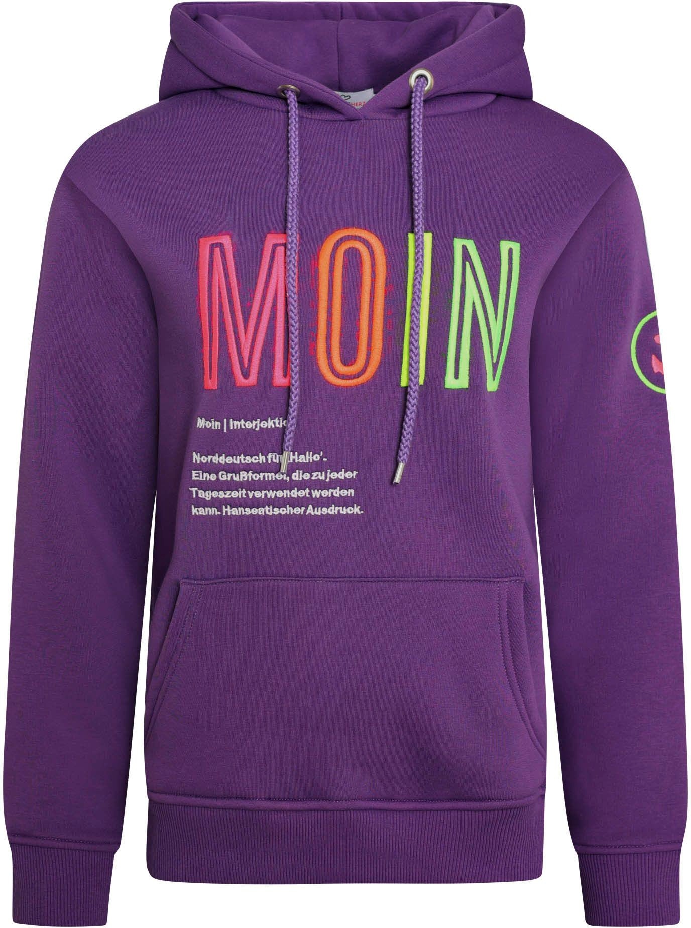 Zwillingsherz Sweat-Hoodie, mit aufgesticktem "MOIN"-Schriftzug in Neonfarb günstig online kaufen