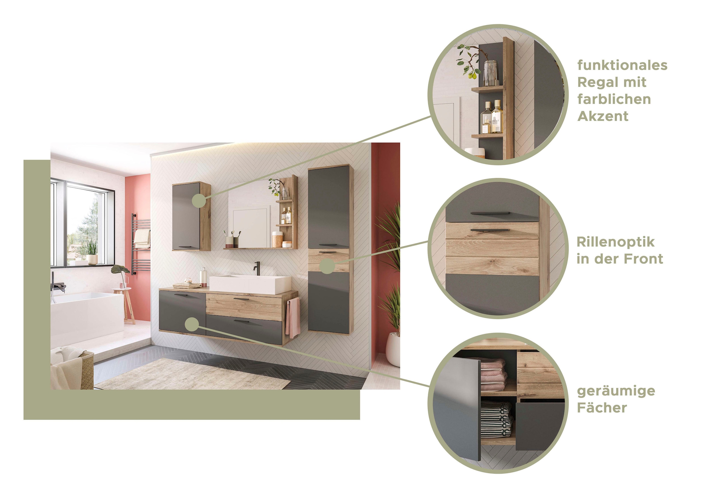 INOSIGN Waschtisch-Set »Riga, Breite 140 cm, inkl. Aufsatzwaschbecken, 2 Schubkästen, 1 Tür«, (Set, 1 St.), Hängeschrank, Unterschrank, Badmöbel, Badschrank, Schrank, Bad