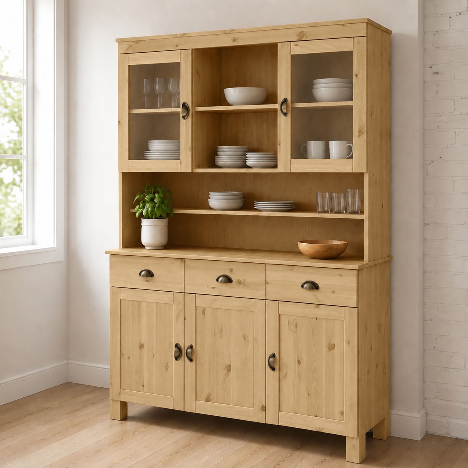 Home affaire Küchenbuffet »Oslo« 125 cm breit, aus massiver Kiefer, mit 2 Glastüren, Metallgriffe