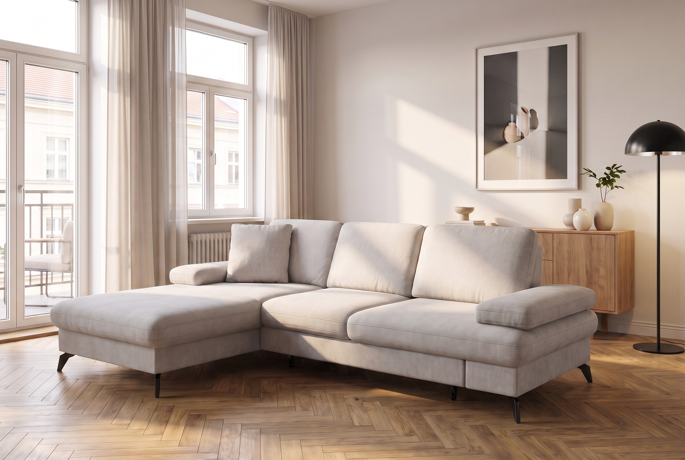 sit&more Ecksofa »Morris L-Form« mit Schlaffunktion, XXL-Sitzfläche, Armteilverstellung & Zierkissen
