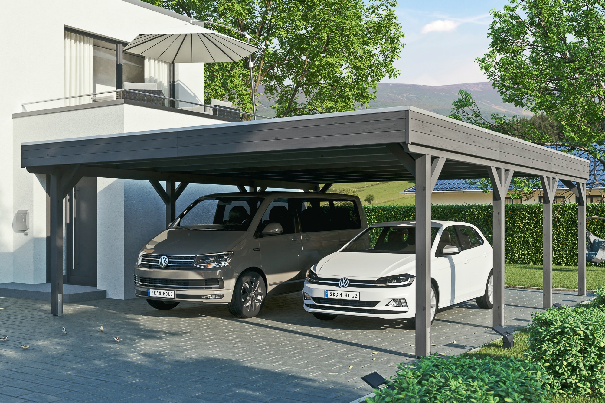 Skanholz Doppelcarport "Grunewald" Leimholz dunkelgrau mit EPDM-Dach